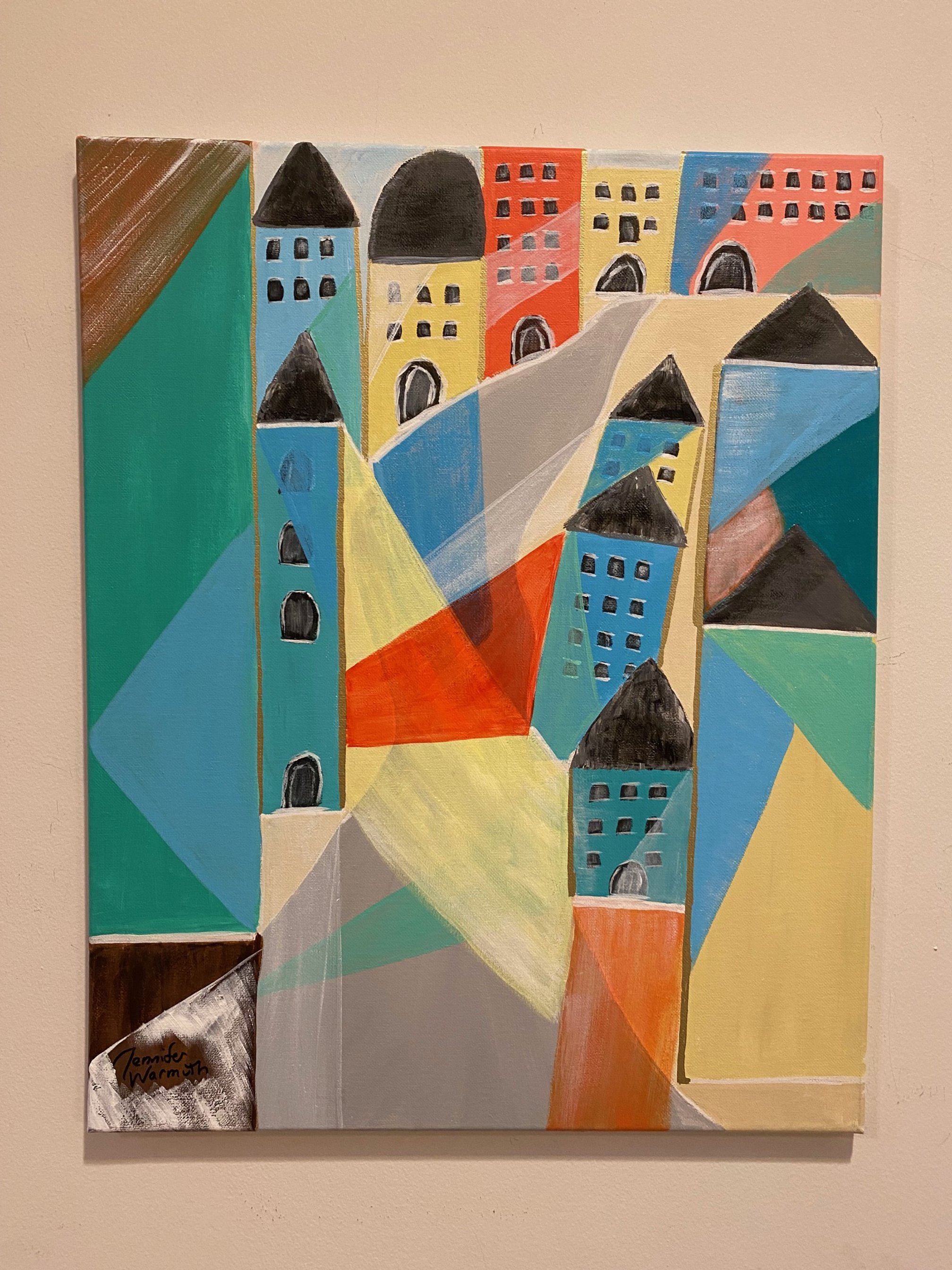 Beautiful, Original Abstract Cubism/Cubist Village Street Scene Painting