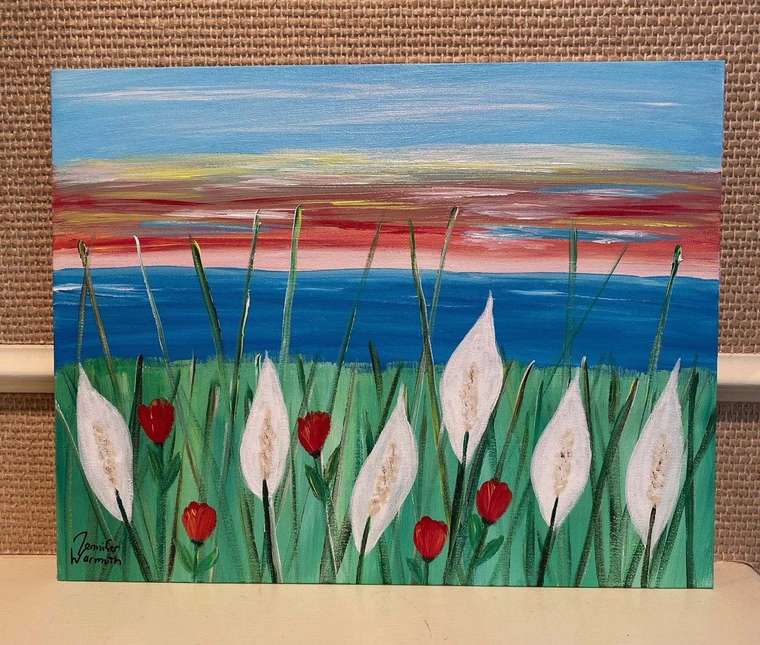 Beautiful, Original Landscape Painting with Peace Lilies
