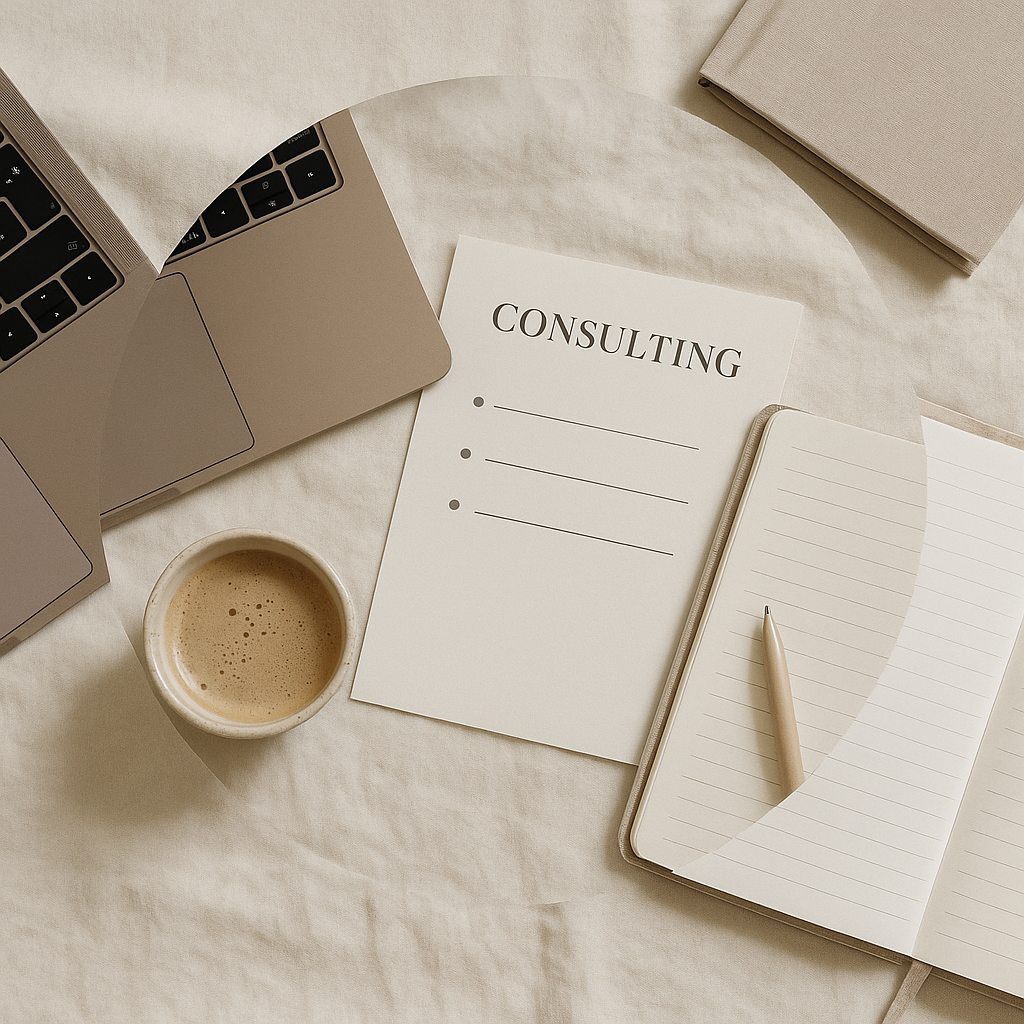 Consulting workspace flat lay by Sage & Sand — notebook, laptop, and coffee cup on a sandstone background, representing calm, strategic business consulting for entrepreneurs in Dubai.