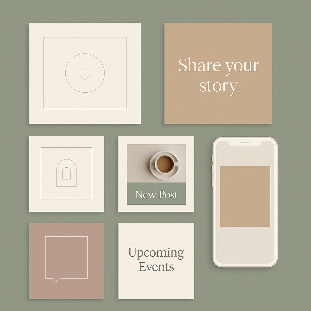 Social media design mock-up by Sage & Sand — Instagram grid layout with cohesive brand colours in sage and clay tones, symbolising professional social media management and content strategy.