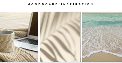 Brand moodboard for Dana Living Dubai created by Sage & Sand — coastal-inspired visual direction featuring soft neutrals, turquoise accents and modern minimalism for a luxury real estate brand.