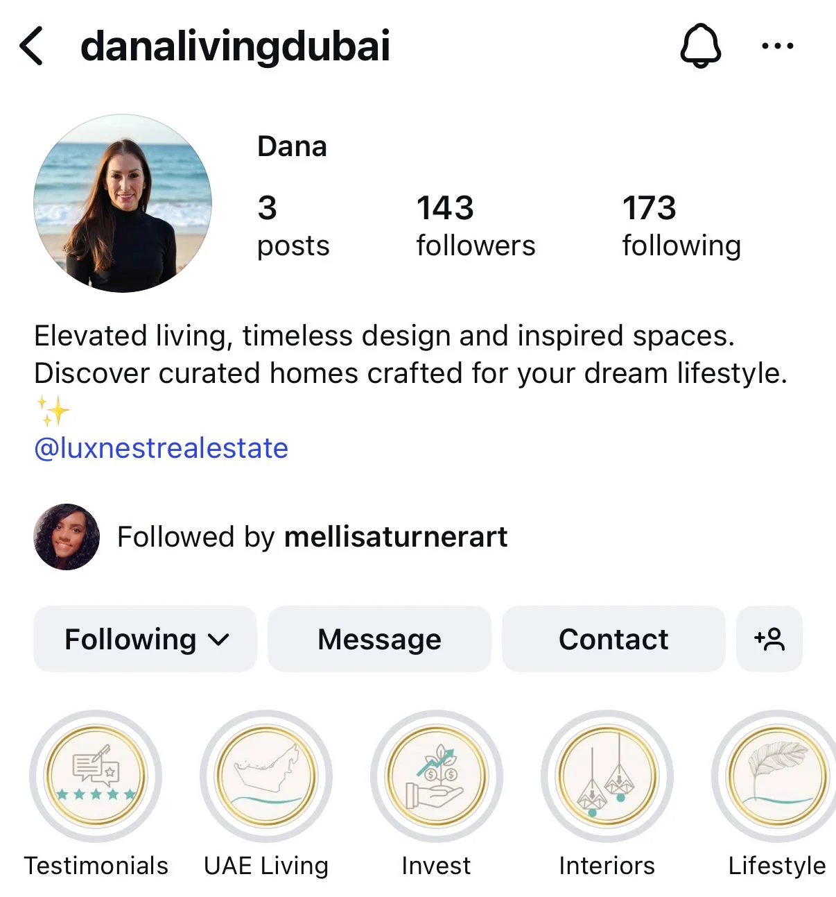 Screenshot of a client’s updated Instagram profile after Sage & Sand’s rebrand — showcasing cohesive visual identity, branded highlights, and improved bio strategy.