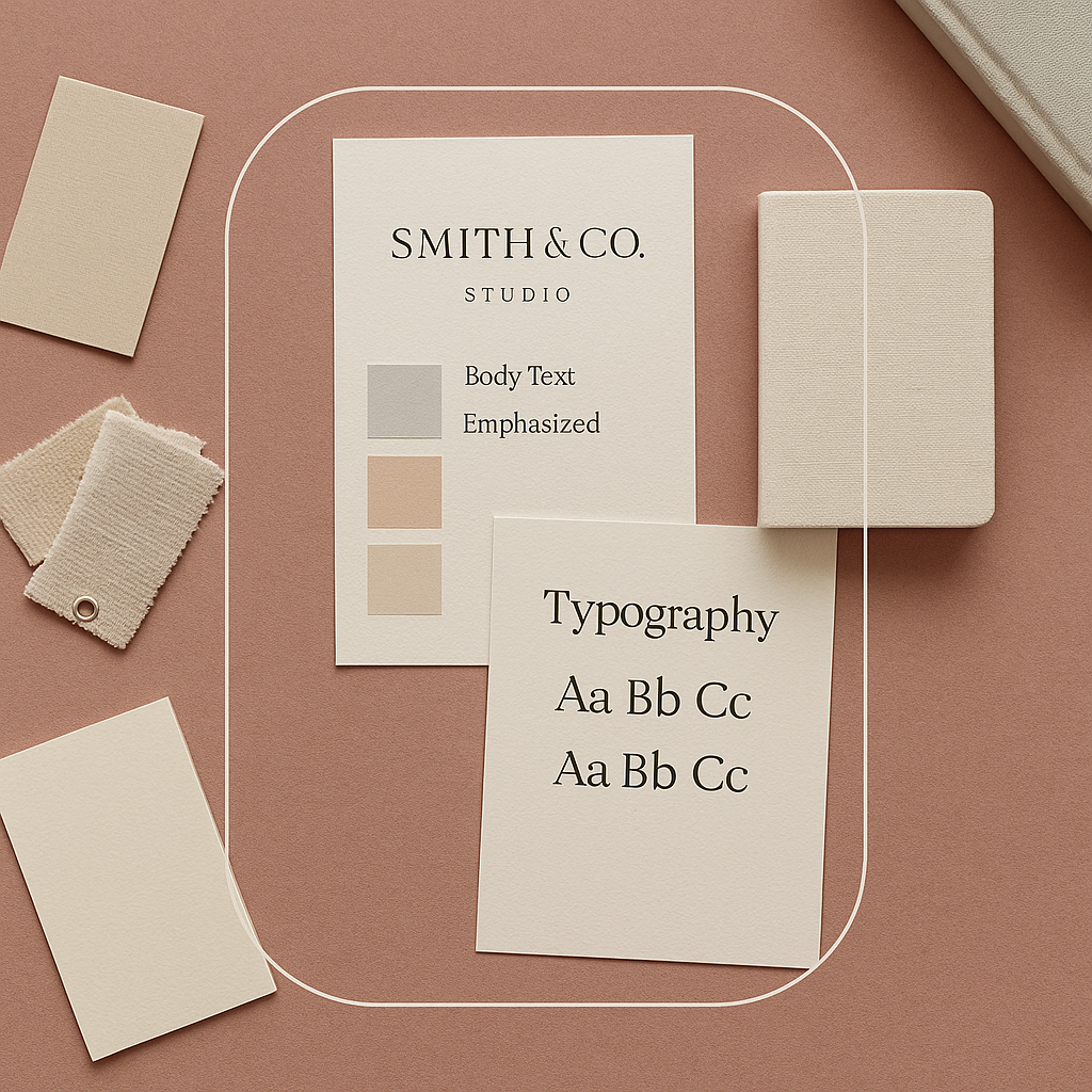 Branding design flat lay by Sage & Sand — featuring logo mockups, colour swatches, and typography samples arranged on a rose-clay background, reflecting creative brand identity design in Dubai.