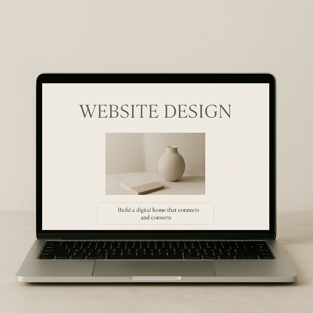 Minimalist laptop workspace mock-up by Sage & Sand — showcasing calm, intuitive website design in soft neutral tones, representing modern web design services for entrepreneurs in Dubai.