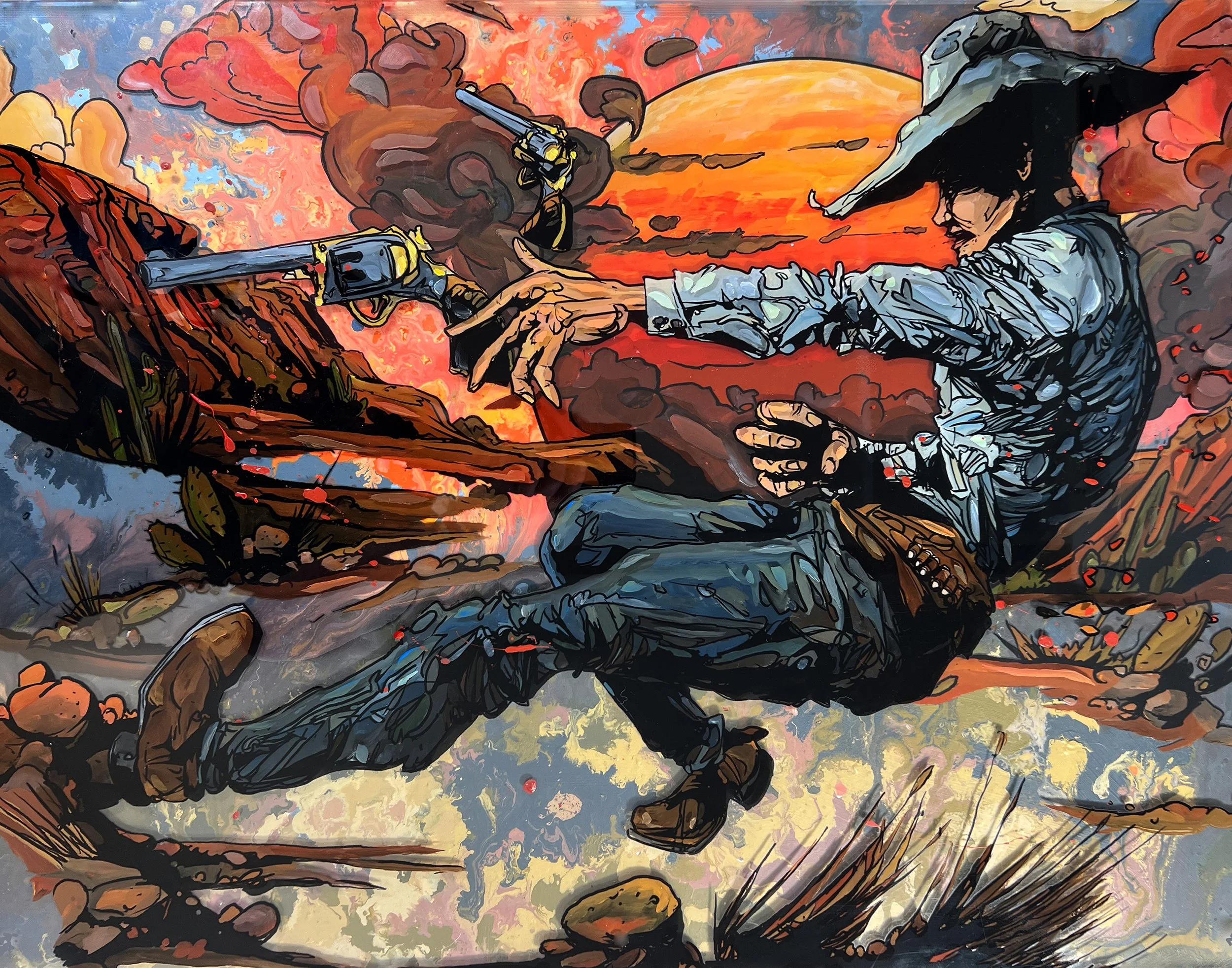 A stylized painting of a cowboy with a large hat and a silver shirt, holding two revolvers, one pointing downward and the other pointing upward. The background features a vibrant sunset with orange, pink, and purple hues, mountains, and clouds. The cowboy, sitting on the ground amidst rocks and cacti, appears to be drawing or aiming the revolvers.