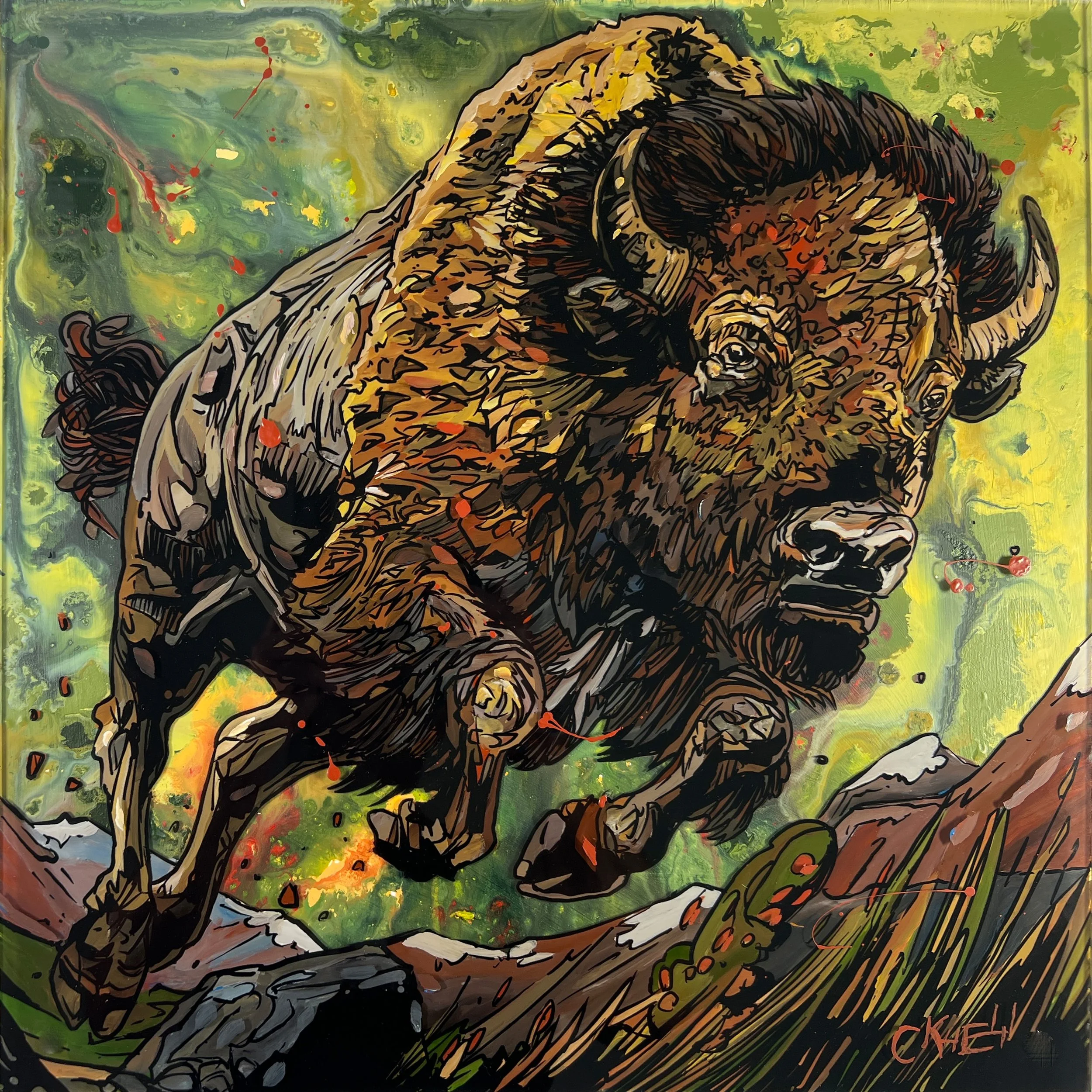 A dynamic painting of a bison running through a landscape with green and yellow background, featuring bold brushstrokes and splashes of red.