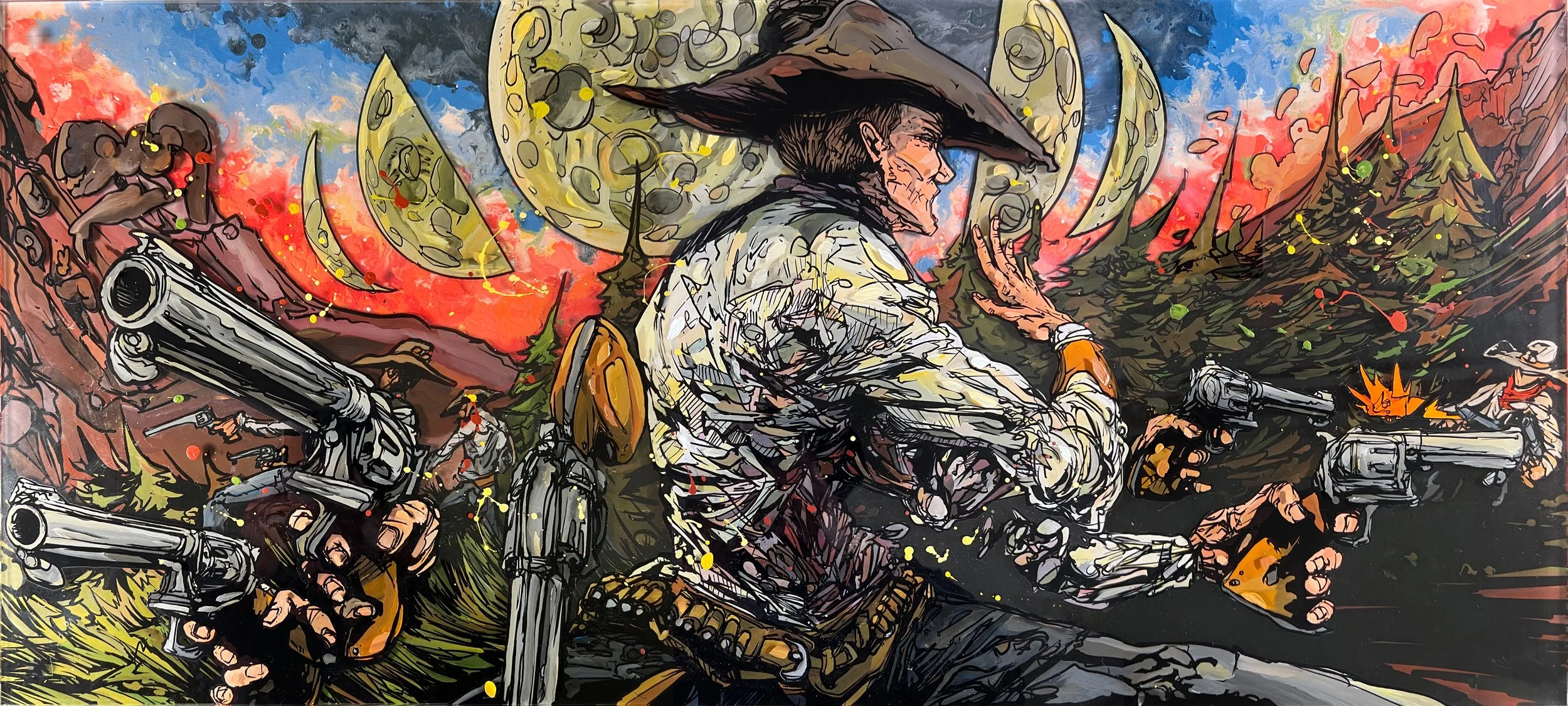 A stylized illustration of a cowboy wearing a wide-brimmed hat, holding two guns. The cowboy is set against a vivid background with a large moon, a sunset sky, and trees. The scene has a dynamic, comic book style with bold lines and splashes of bright color.