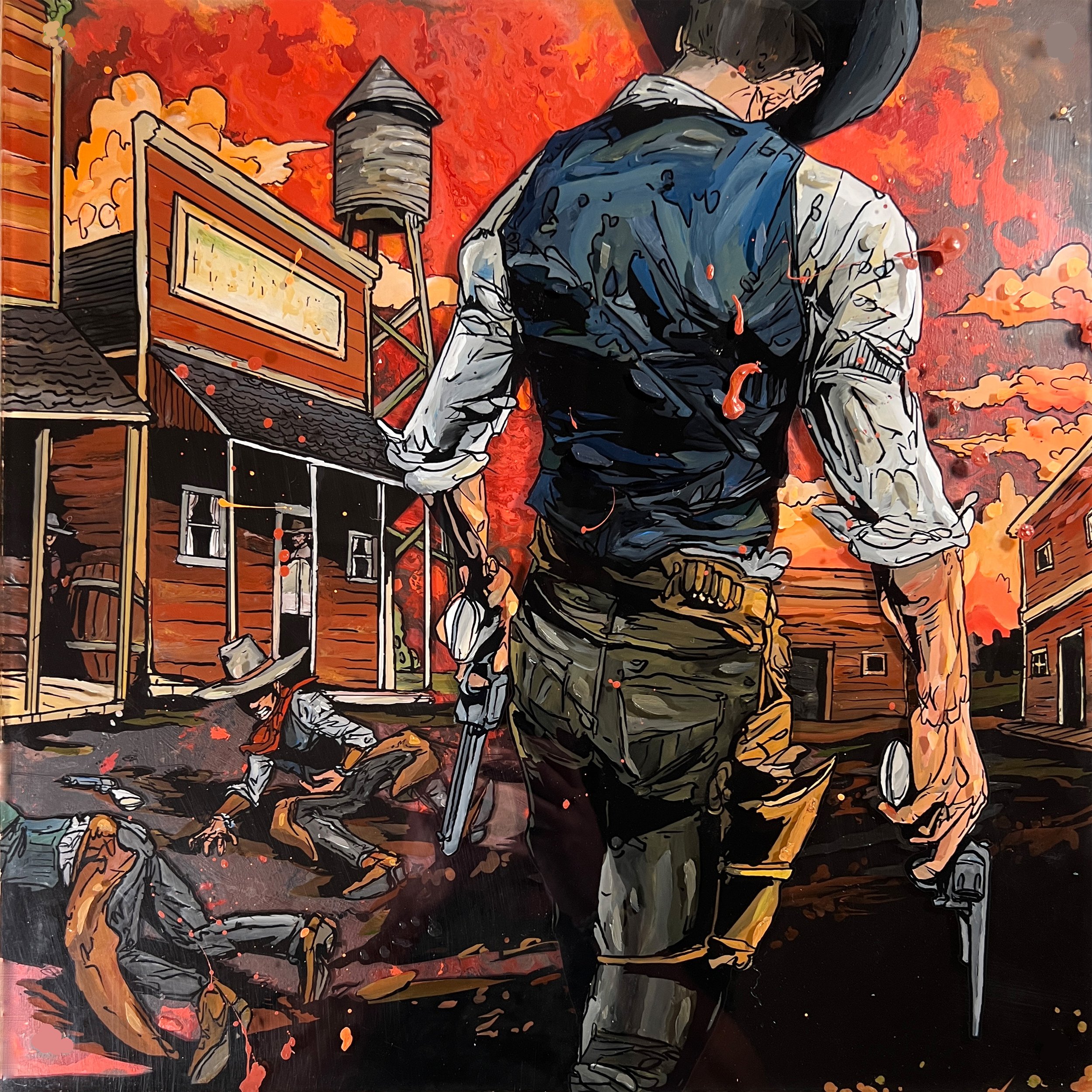 A stylized painting depicts a lone cowboy with a gun walking away from a burning town, with two wounded men on the ground, and flames and smoke in the background.