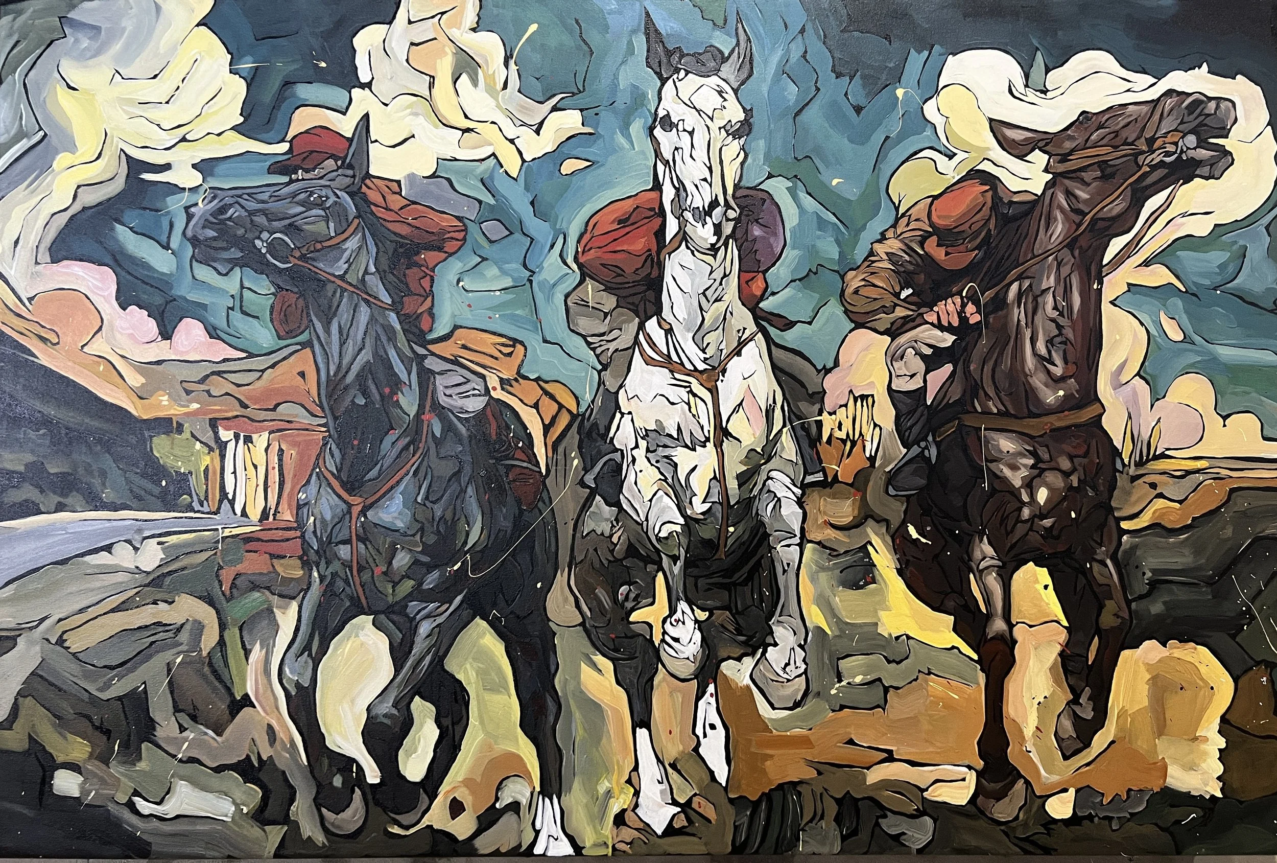 Painting of three horse races riding through a rugged landscape, with a dramatic sky and clouds in the background.
