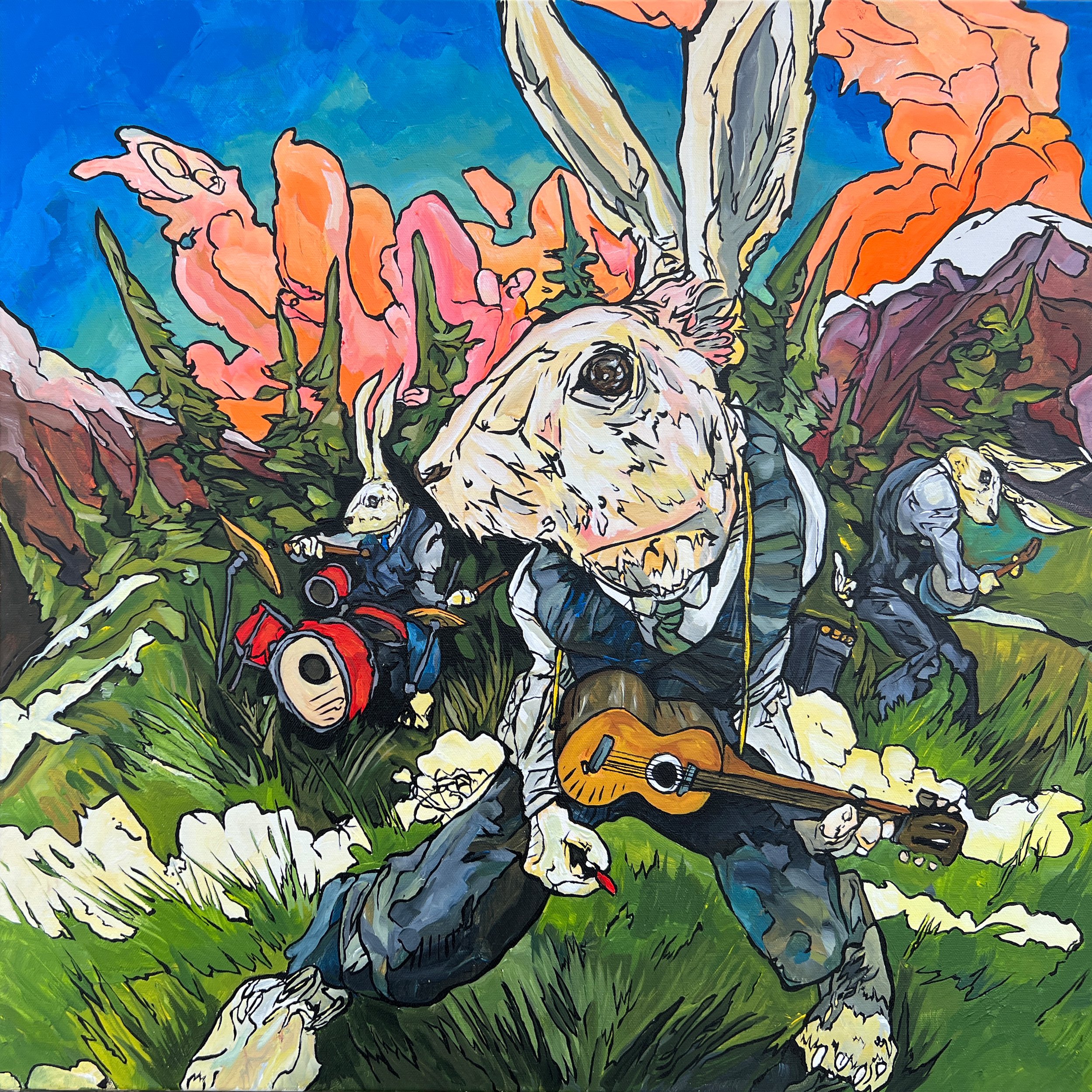 A colorful painting of a rabbit playing a guitar and dressed in a suit, surrounded by other rabbits playing instruments in a lush, vibrant landscape with mountains and a blue sky.