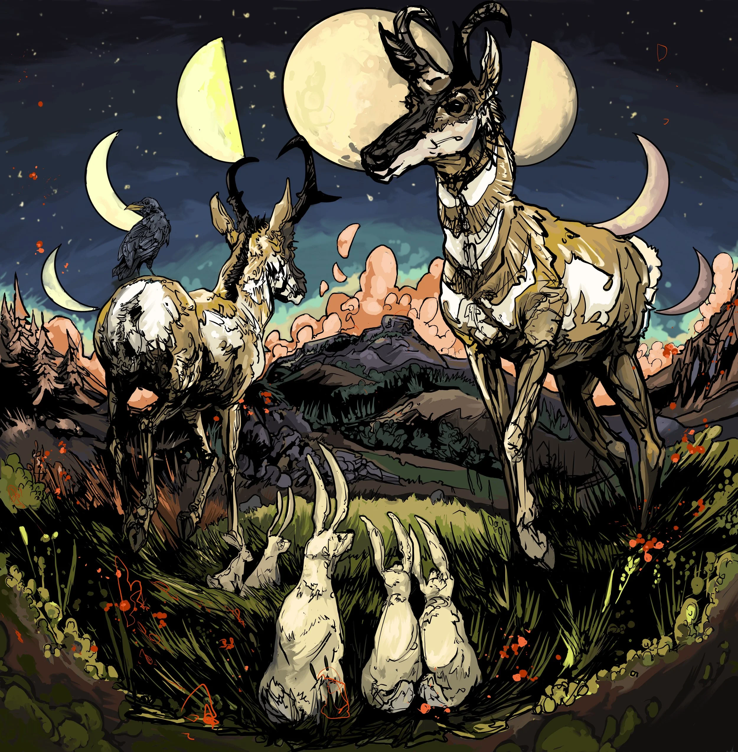 A fantasy illustration of two antelope, a raven, and three rabbits under multiple moon phases in a mountainous landscape at night, with a full moon in the sky.