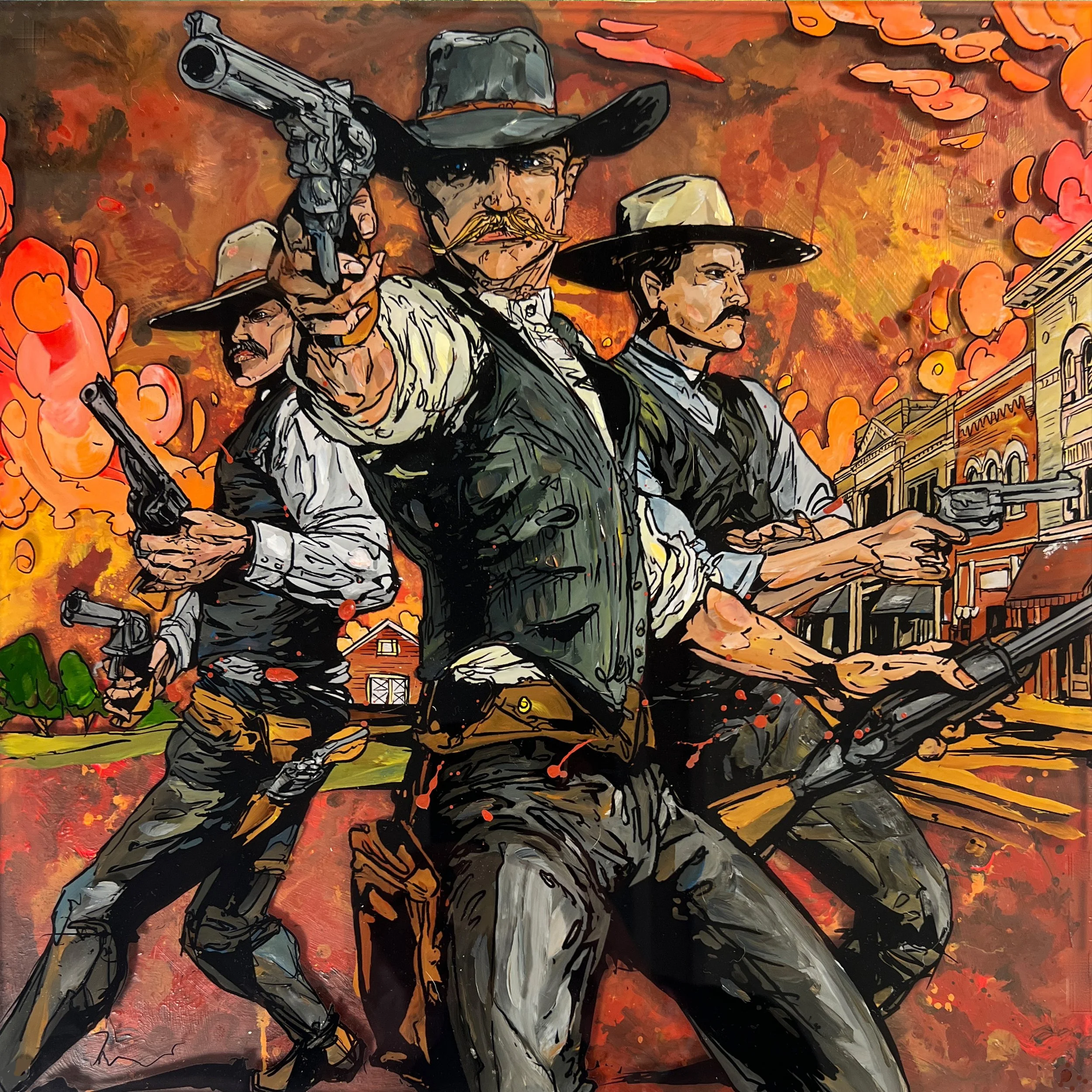 Western-style painting of three cowboys in hats and vests, holding guns, with a background of an old town on fire with smoke and flames.