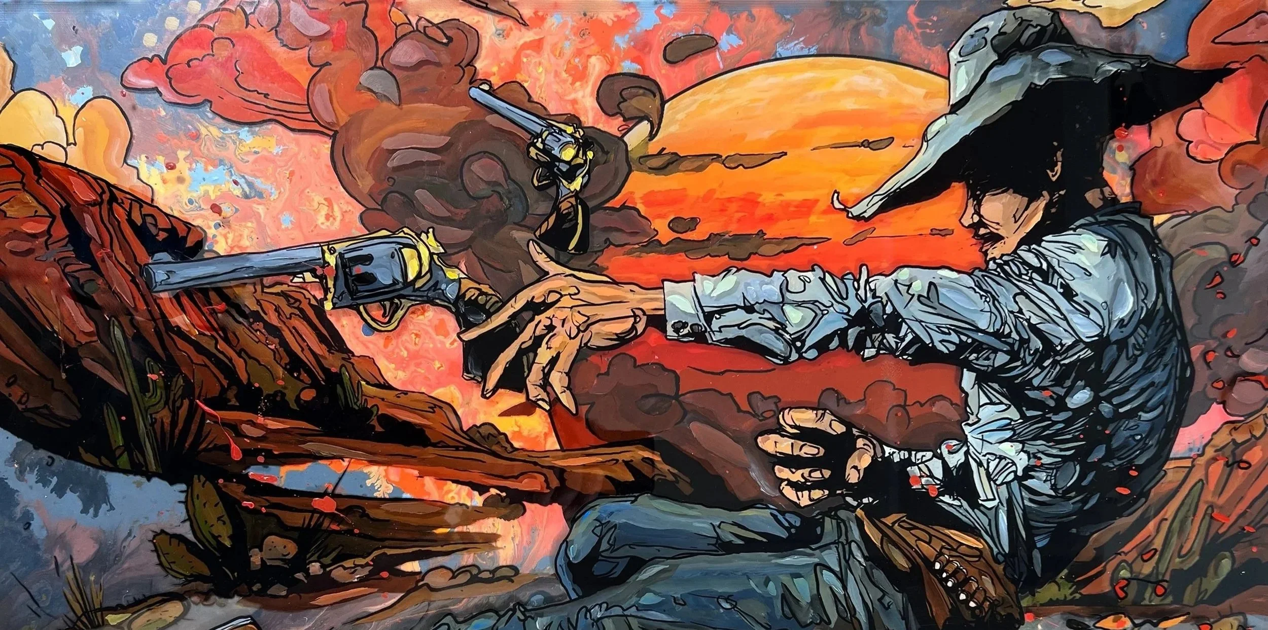 A painting of a cowboy with a wide-brimmed hat holding a gun pointed at another gun, with a sunset background featuring clouds, smoke, and vibrant orange and red colors.