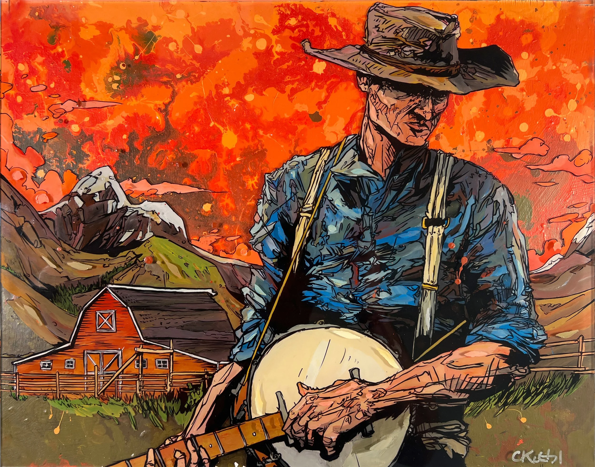 A person wearing a hat, blue shirt, and suspenders playing a banjo outdoors, with a burning sky in the background and a barn in the distance.