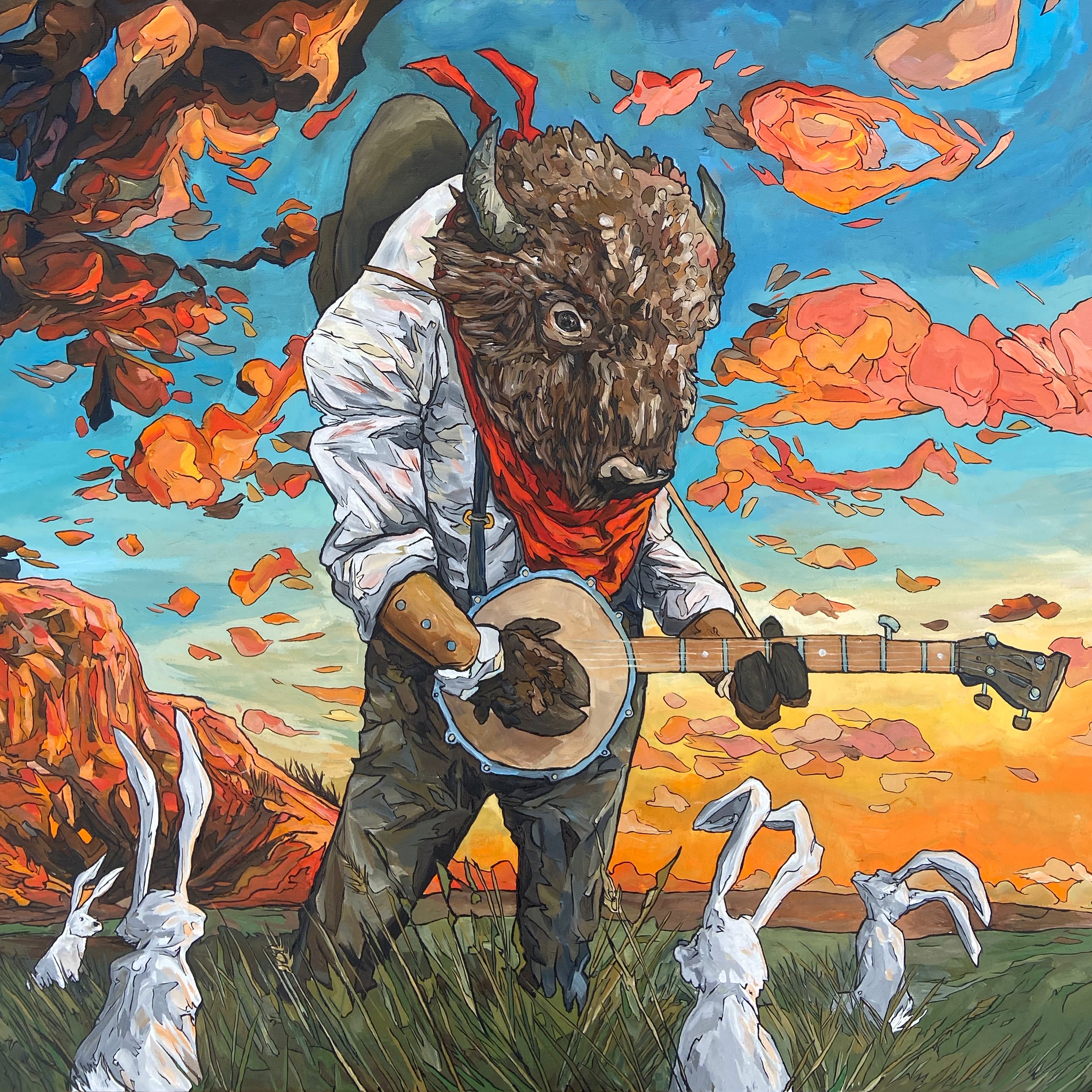 A humanoid figure with a bison's head playing a banjo in a grassy field during sunset, with a mountain in the background and three white rabbits nearby.