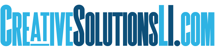 Logo with the text "CreativeSolutionsLI.com" in light and dark blue font.
