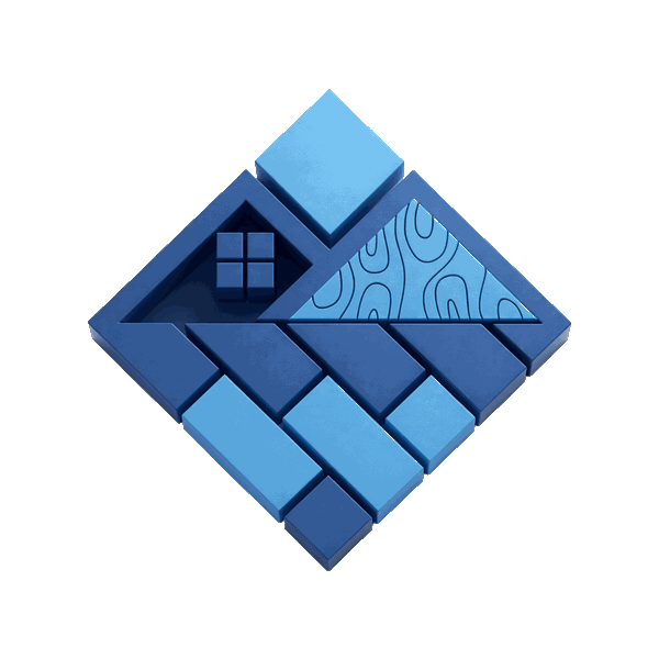 Creative Solutions LI Premium Caulking Services. An isometric illustration of a maze puzzle with blue and dark blue blocks, featuring a house-shaped opening in the walls.