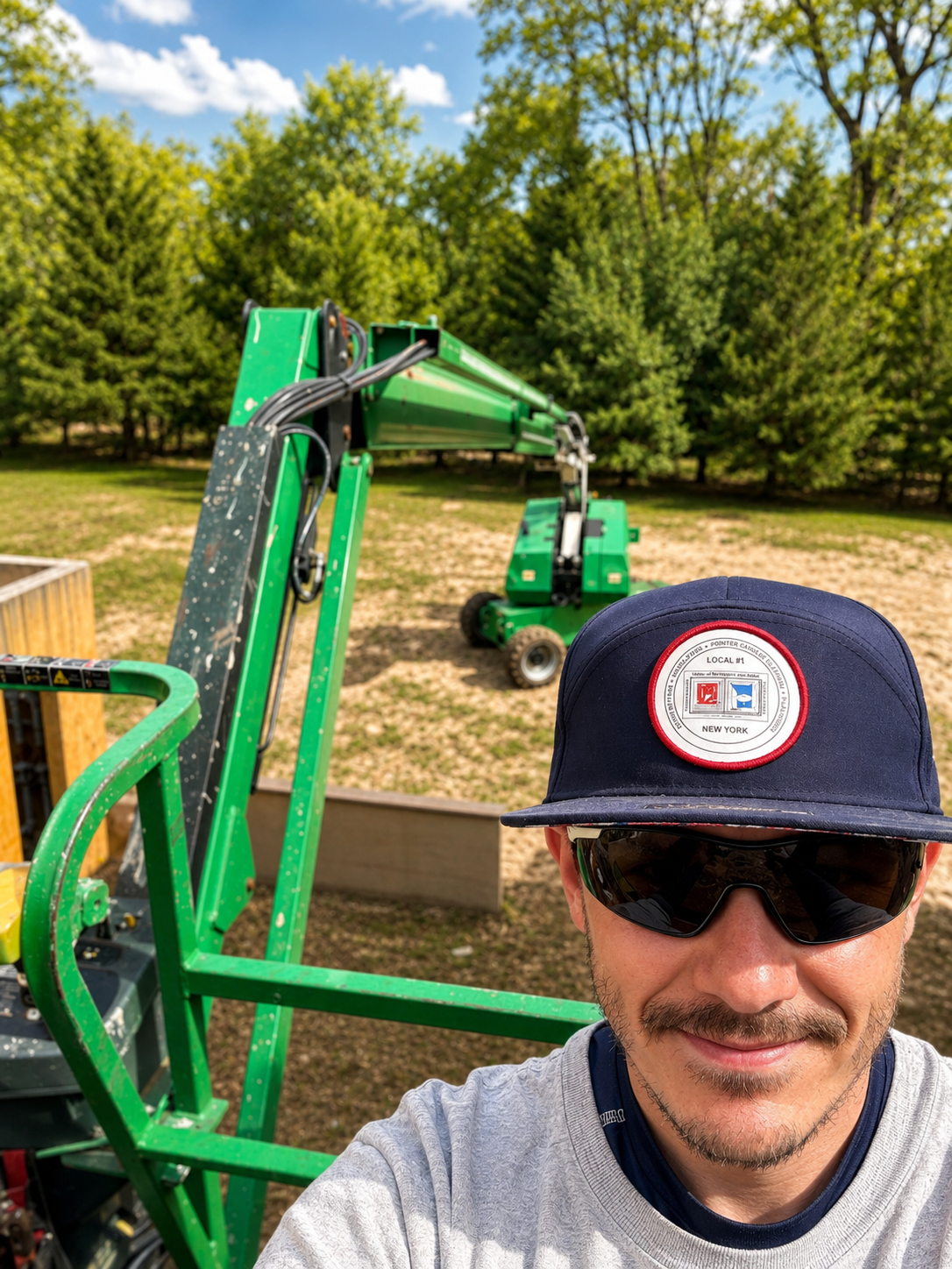 A man wearing sunglasses and a cap taking a selfie in front of a green cherry picker with trees and blue sky in the background.