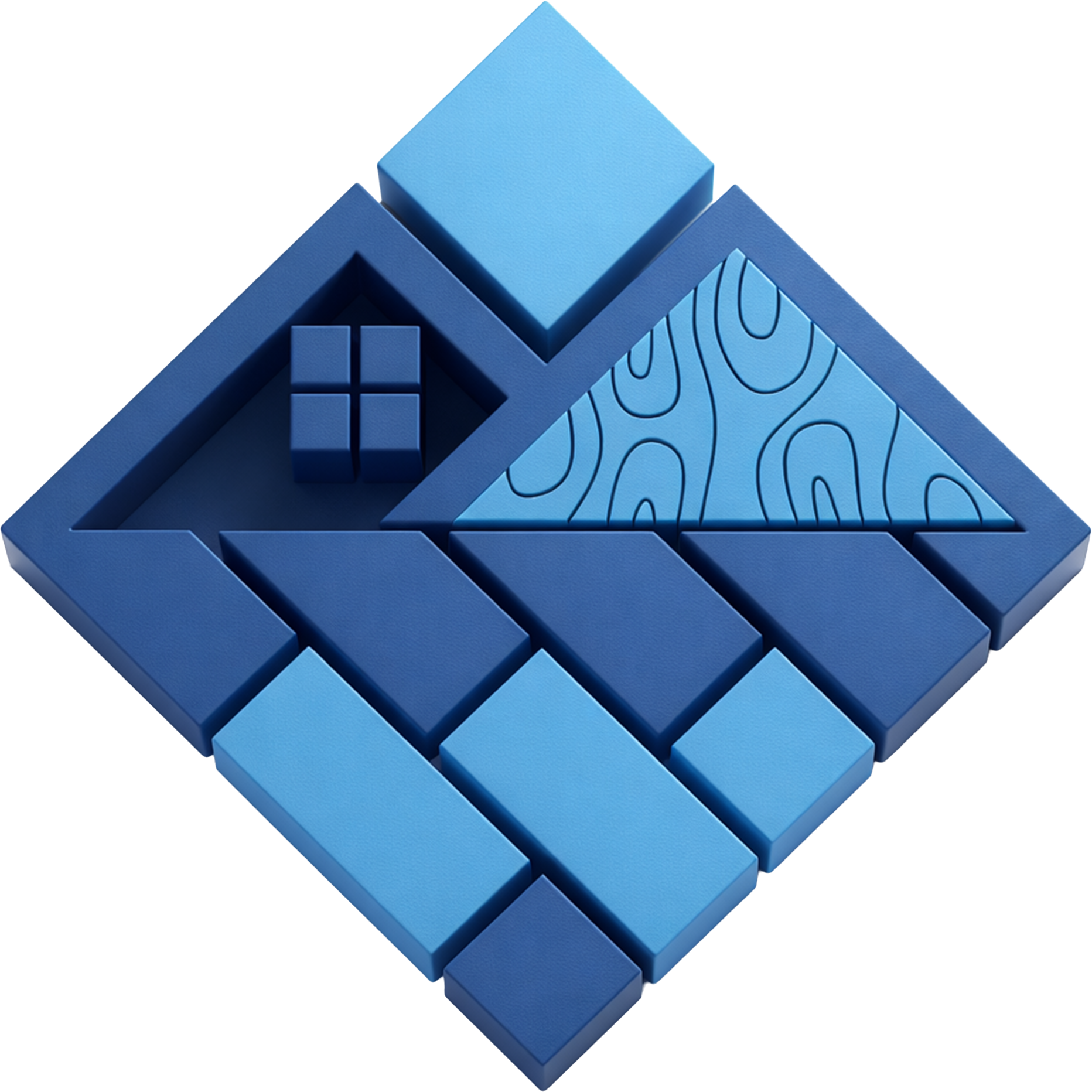 Creative Solutions LI Premium Caulking Services. Blue and light blue wooden tile puzzle with geometric and textured patterns.