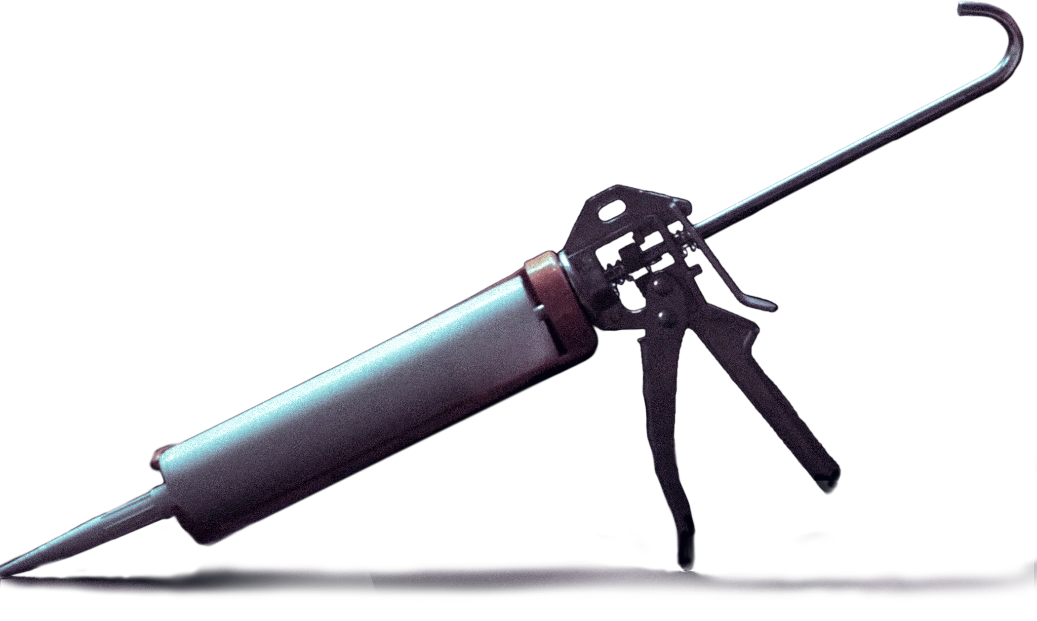Creative Solutions LI Premium Caulking Services. A caulking gun with a gray tubular body and a metal rod on a black background.