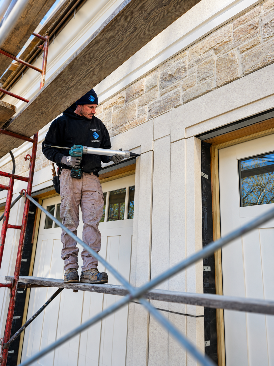 Worker with a power drill installing bricks or panels on the exterior of a building, with scaffolding and house window visible.