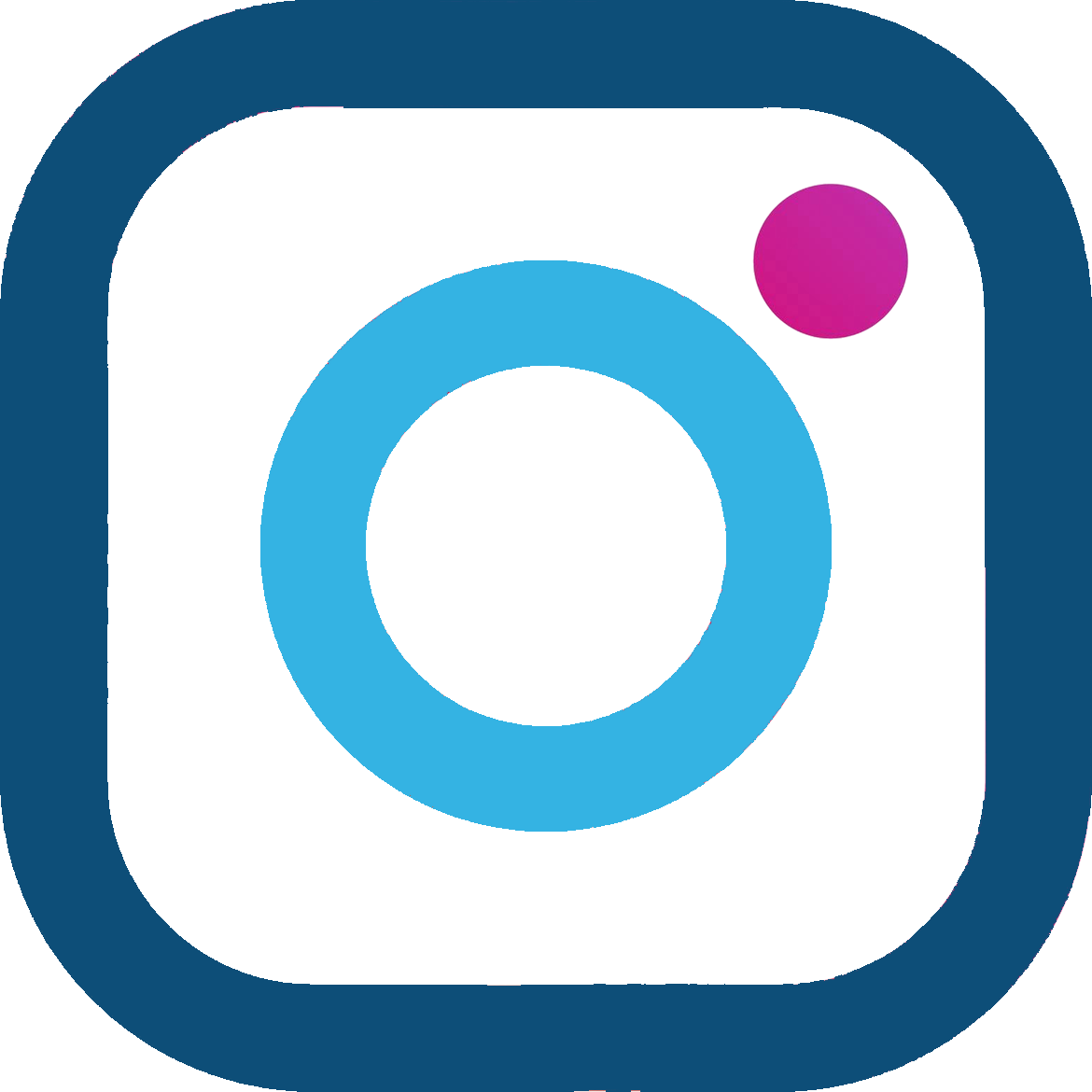 Instagram app icon with a black background, a blue rounded square outline, a large blue circle in the center, and a small purple circle in the top right corner.