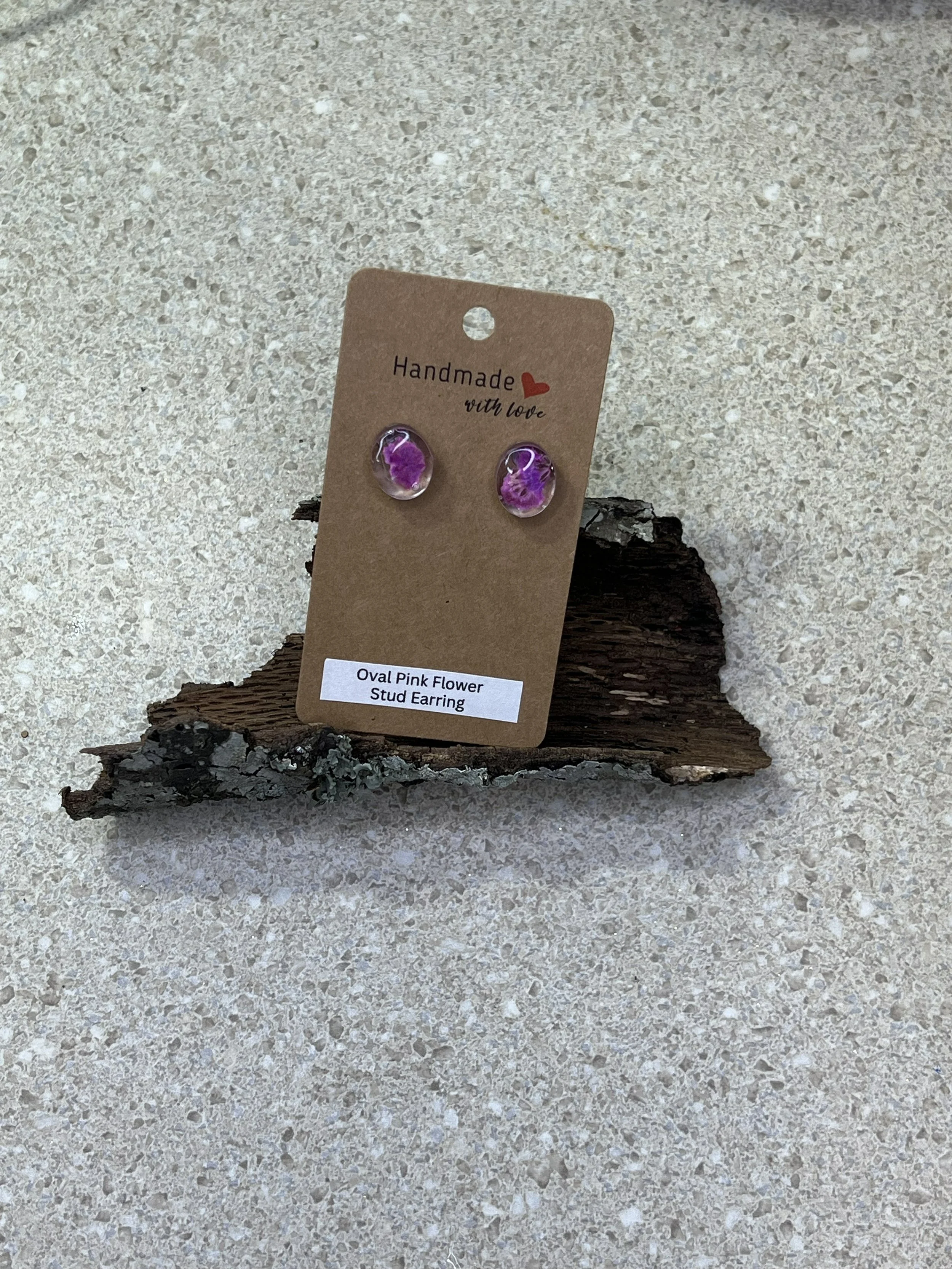 Oval Pink Flower Stud Earrings