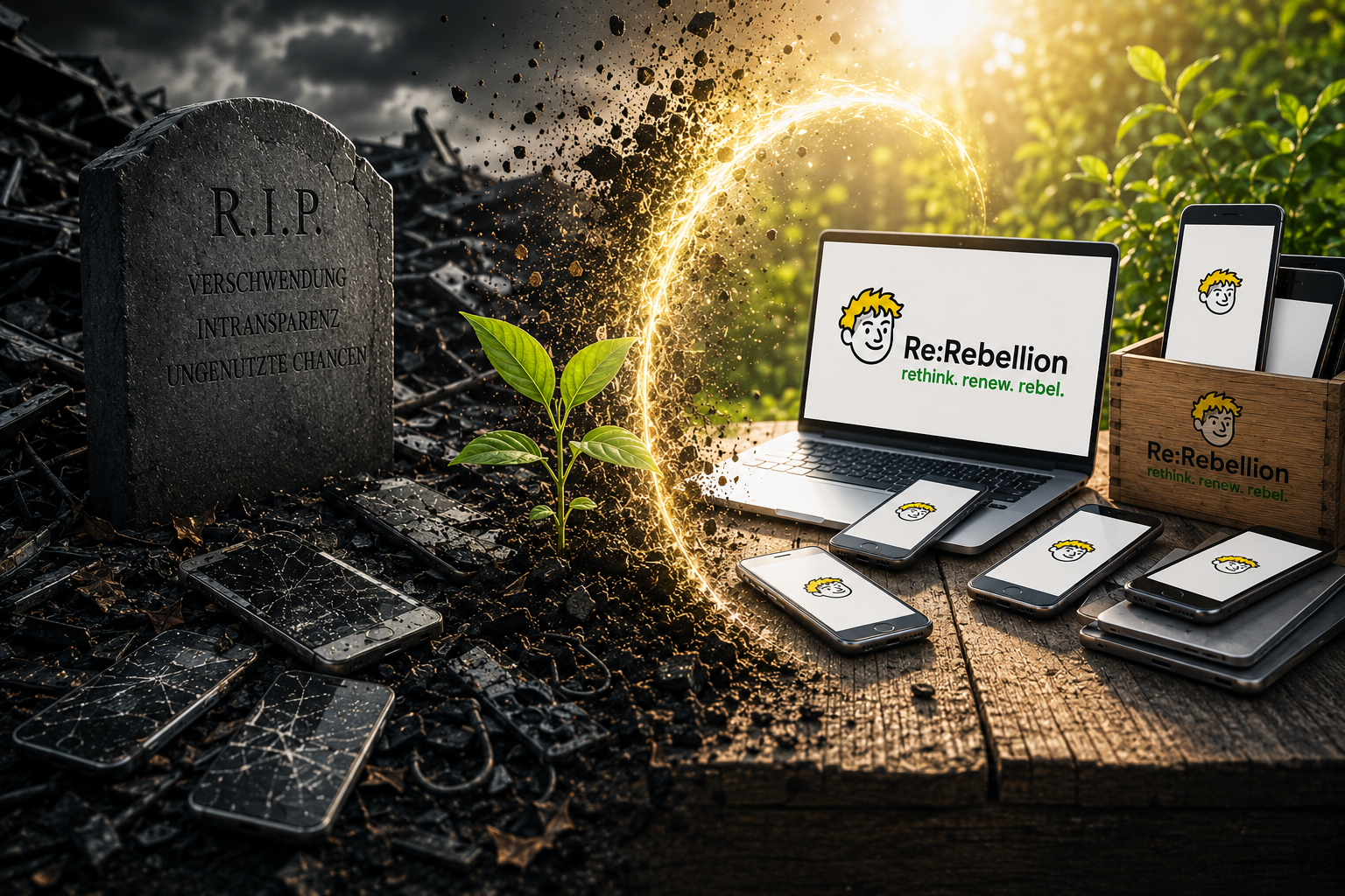 On the left, a grim mobile phone graveyard and a gravestone inscribed with "RIP waste, lack of transparency, missed opportunities." Thanks to Re:Rebellion the phones are refurbished and displayed on the right in a lighthearted atmosphere.