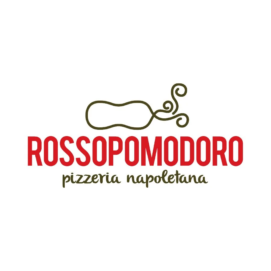 Logo for ROSSOPOMODORO, an Italian pizzeria chain, featuring a stylized illustration of a tomato with swirling vine tendrils, and text in red and green reading 'ROSSOPOMOODORO pizzeria napoletana.'