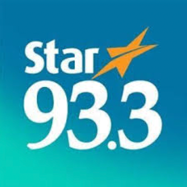 Logo for Star 93.3 radio station featuring a star icon in orange and white text on a blue background.
