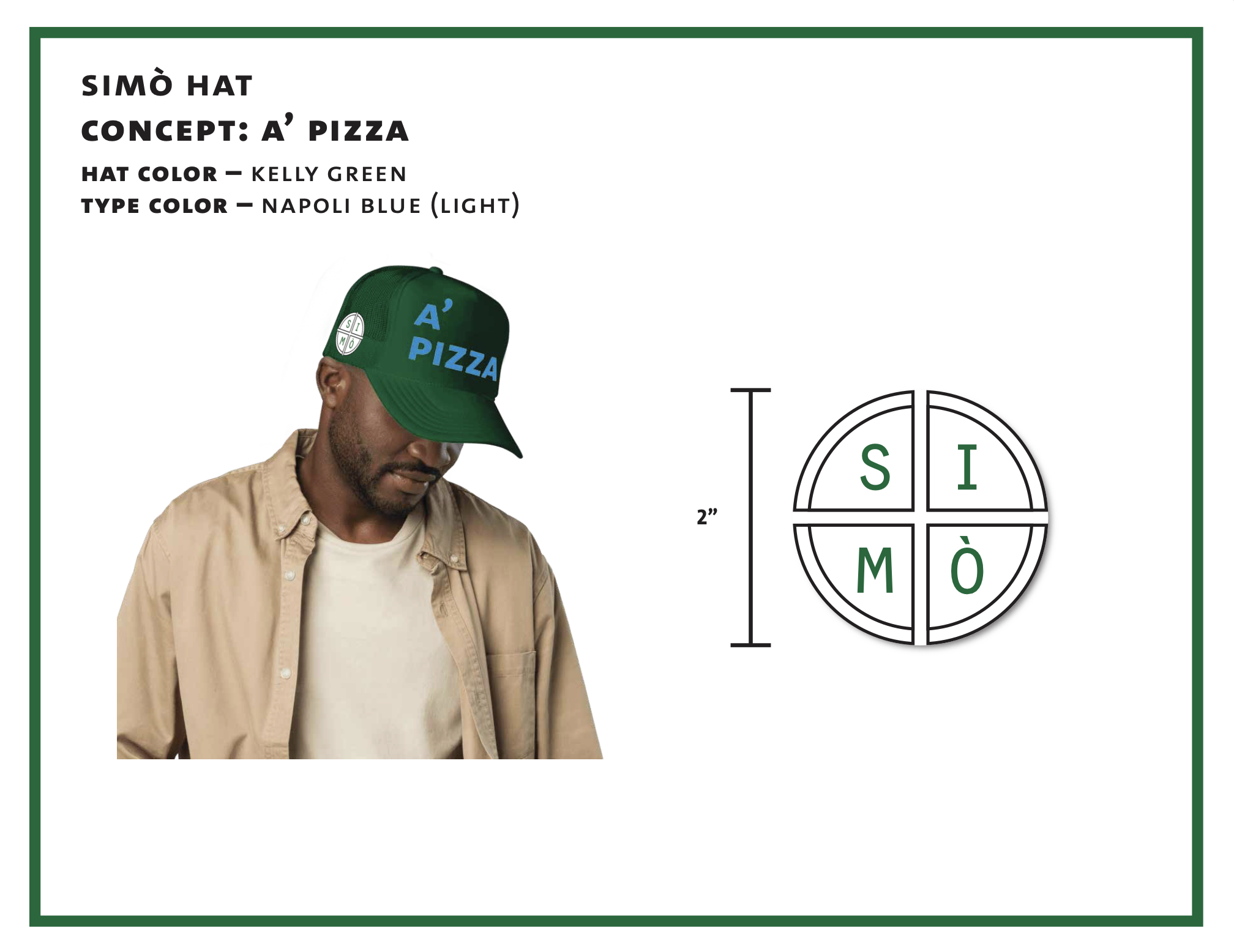 A design mockup for a new brand hat + patch, ready for production by SIMÒ's merch supplier