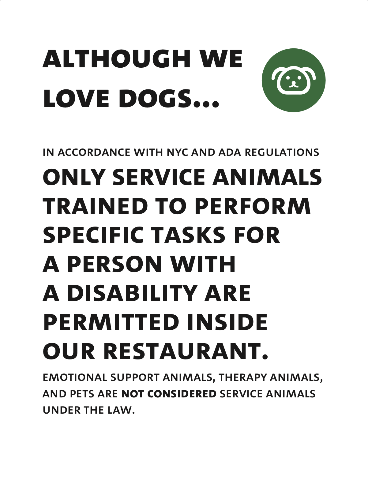 An 8.5" x 11" window flyer regarding the restaurant's 'Service Animal Policy'