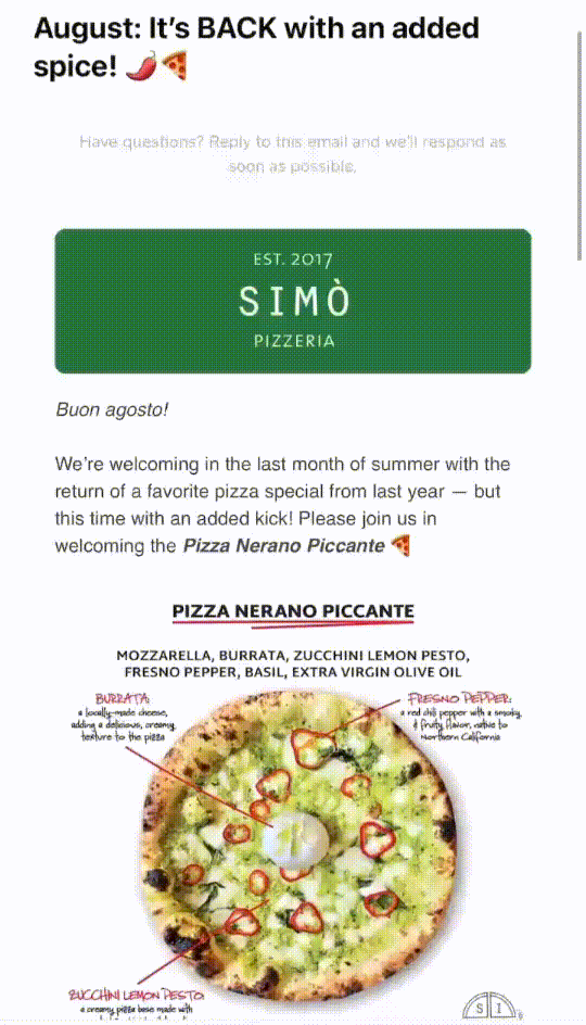 Promotional flyer for Simo Pizzeria celebrating its return in August with a new spicy pizza special, featuring a large image of Pizza Nerano Piccante with ingredients labeled.