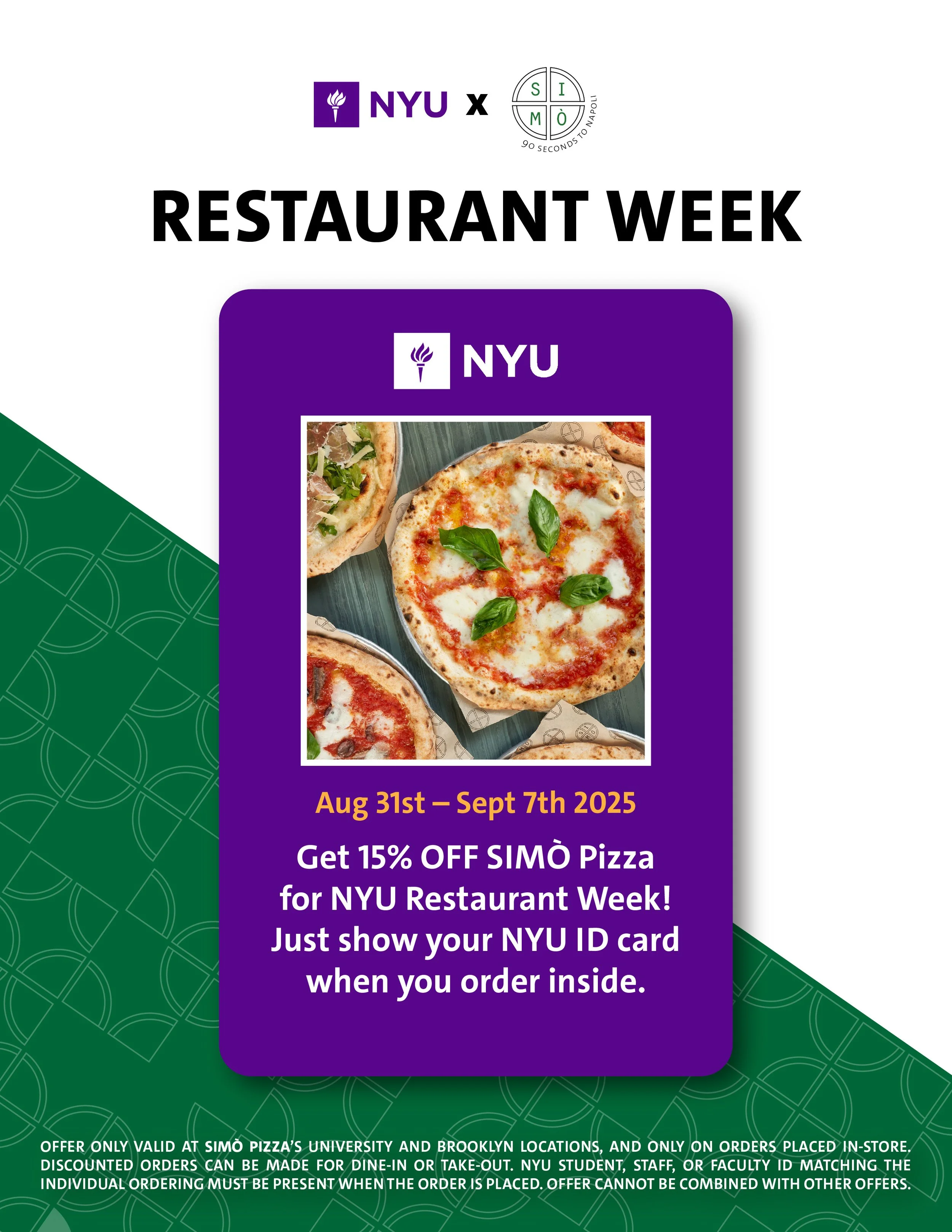 An 8.5" x 11" window flyer cueing SIMÒ's involvement in New York University's Restaurant Week
