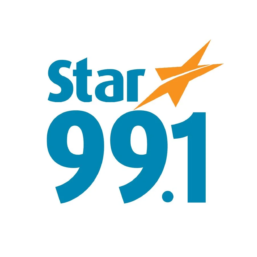 Logo of Star 99.1 radio station with the station name in blue text and an orange star graphic.