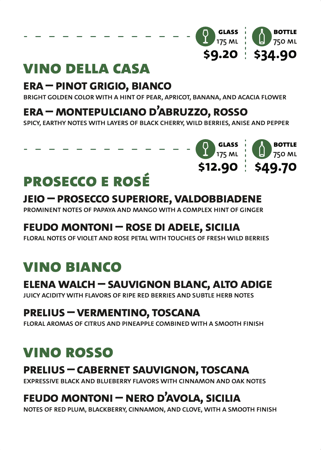 The front side of a 5" x 7" tabletop wine/beer menu