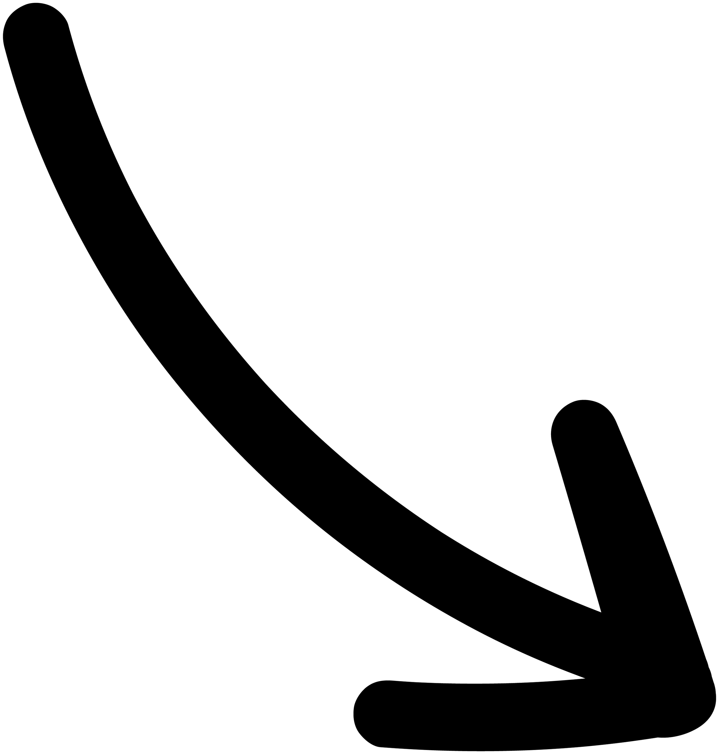 A black arrow with a white outline pointing downward and to the right.