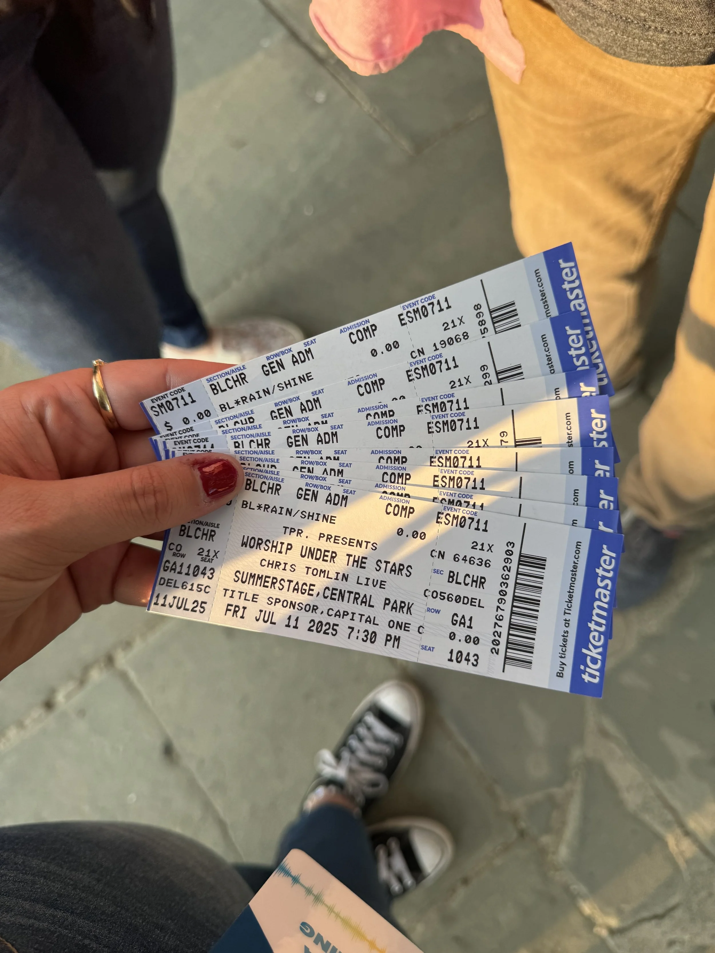 Three tickets for a summer event titled 'Worship Under the Stars' at Central Park, Summerstage, with Chris Tomlin Live, scheduled for Friday, July 11, 2025, at 7:30 PM, held in Central Park, New York.