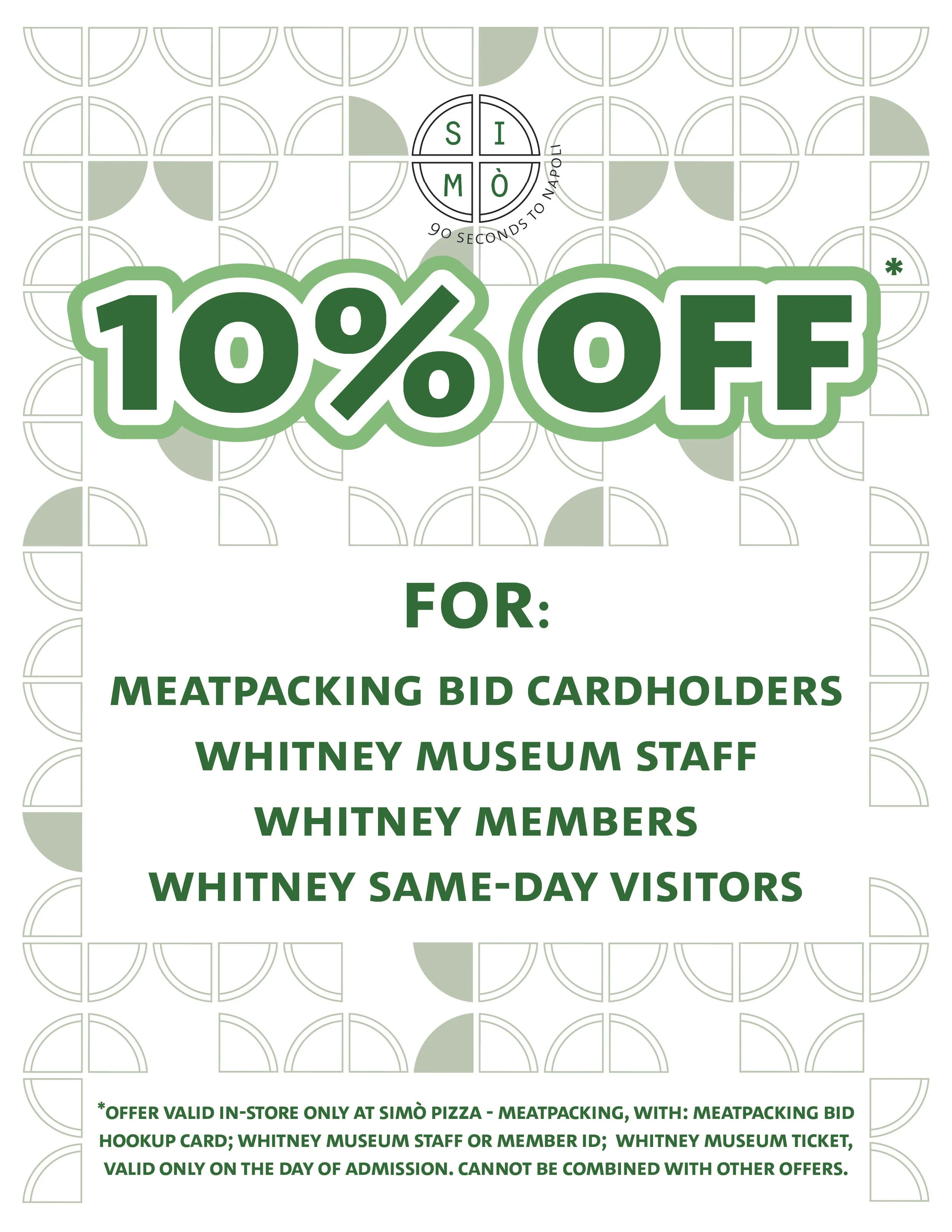 8.5"x12" in-restaurant Countertop Sign for Meatpacking location, 10% off for the listed qualifying guests