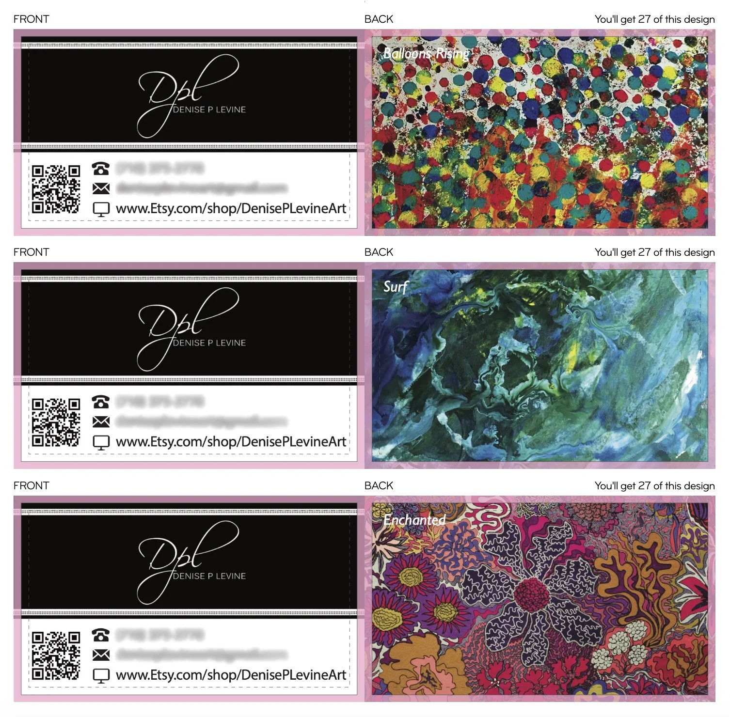 The digital mockups for one set of DPL's business cards, with varying painting back sides. 