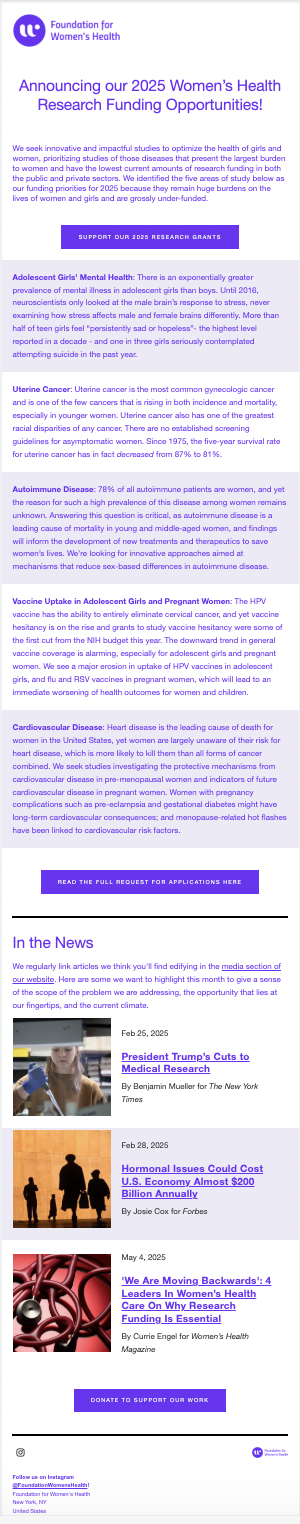 A webpage with the Foundation for Women's Health logo and announcements for 2025 research funding, including articles on adolescent girls' mental health, uterine cancer, autoimmune disease, vaccines in adolescent girls, and cardiovascular disease. It features purple buttons for support and application links, and a news section with recent articles and research updates.