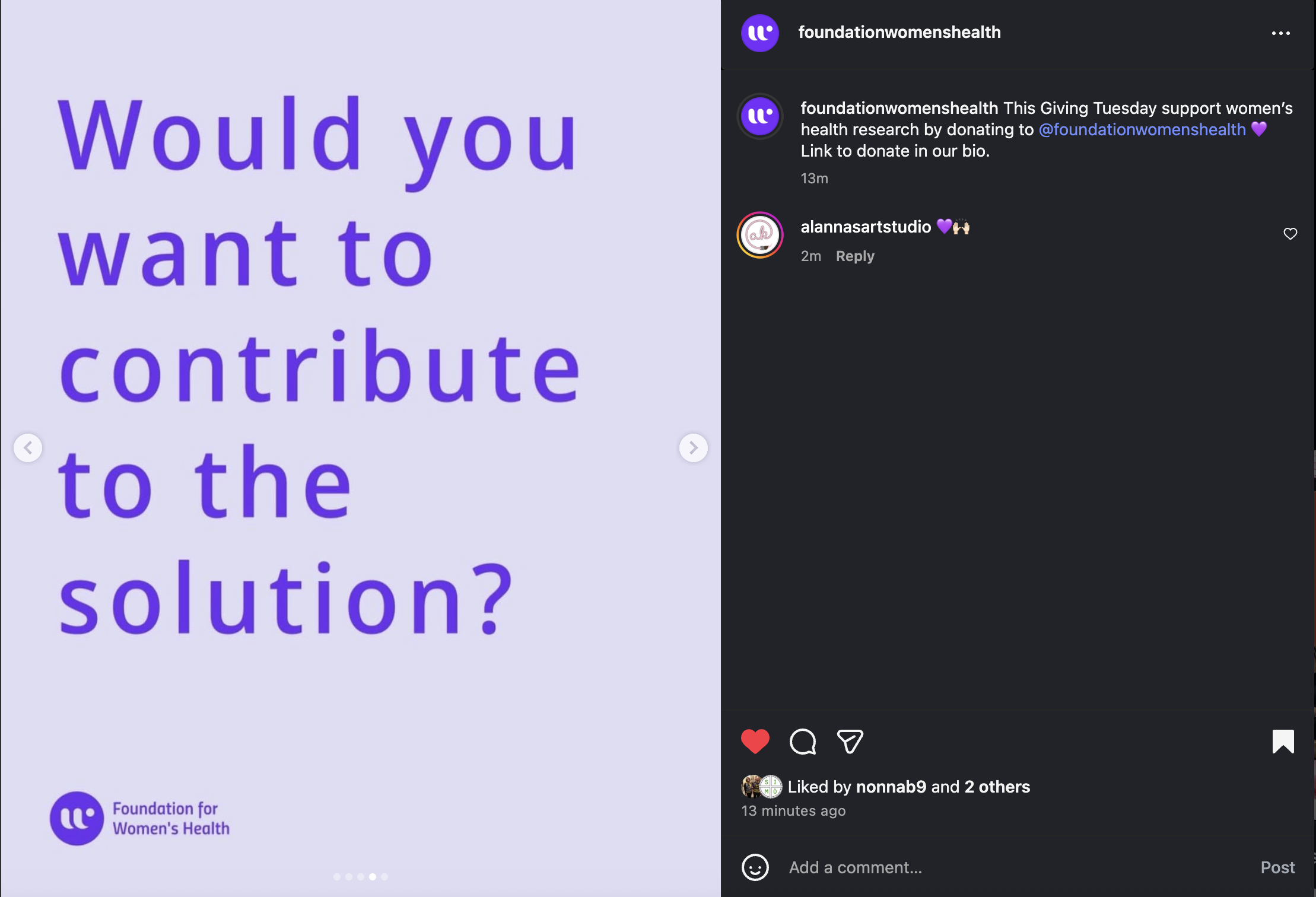 Purple text on a light purple background asking, "Would you want to contribute to the solution?" with a small logo of the Foundation for Women's Health in the bottom left corner.