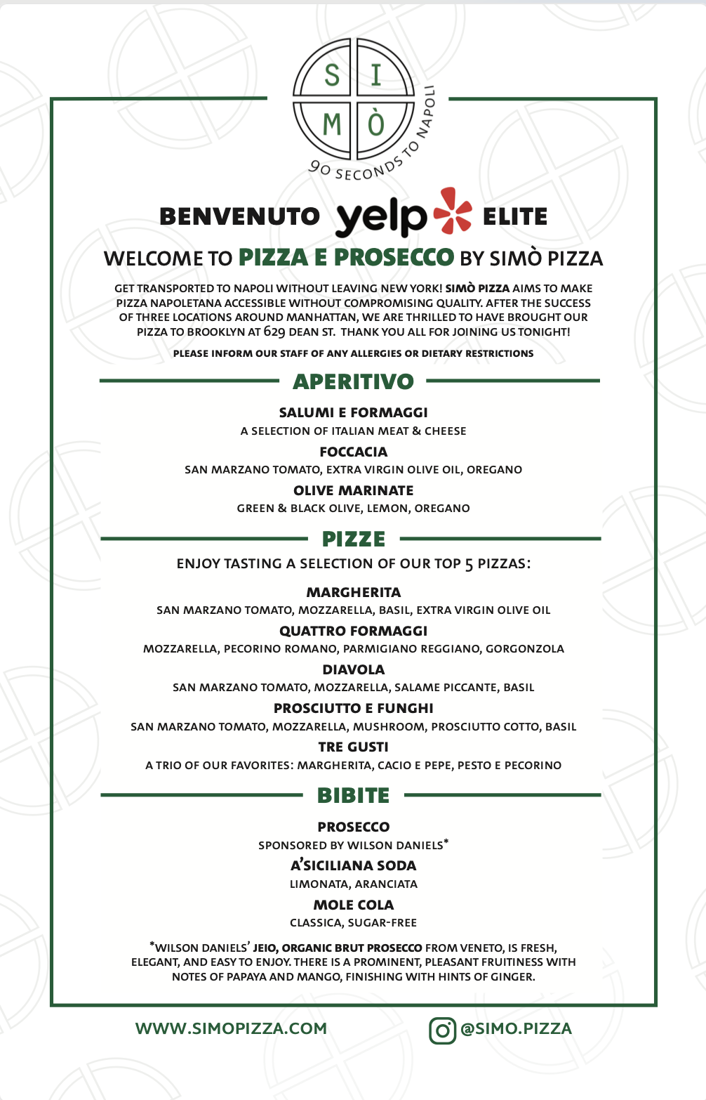 A 5.5" x 8.5" printed menu for a private dinner of 45 Brooklyn Yelp Elite members, hosted at SIMÒ Brooklyn