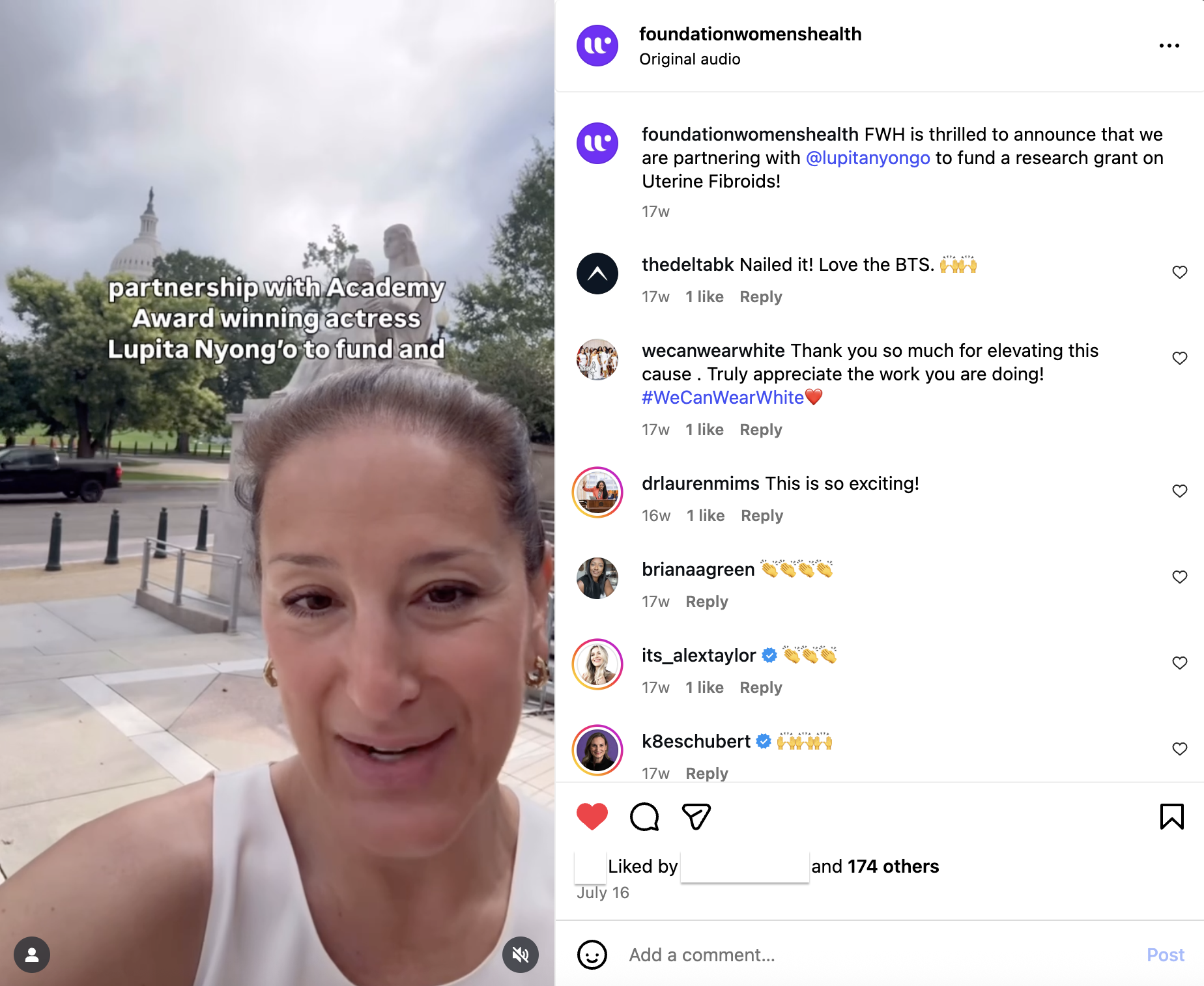 A woman standing outside near the Capitol building, smiling at the camera, with a caption in the image that reads 'partnership with Academy Award winning actress Lupita Nyong'o to fund and'.