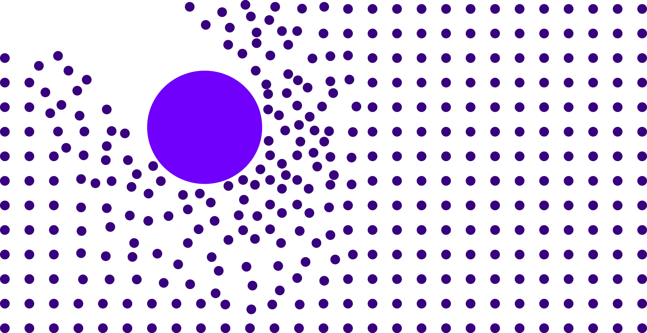 A digital art piece featuring a large purple circle on the left and a pattern of smaller purple dots spreading across a black background.
