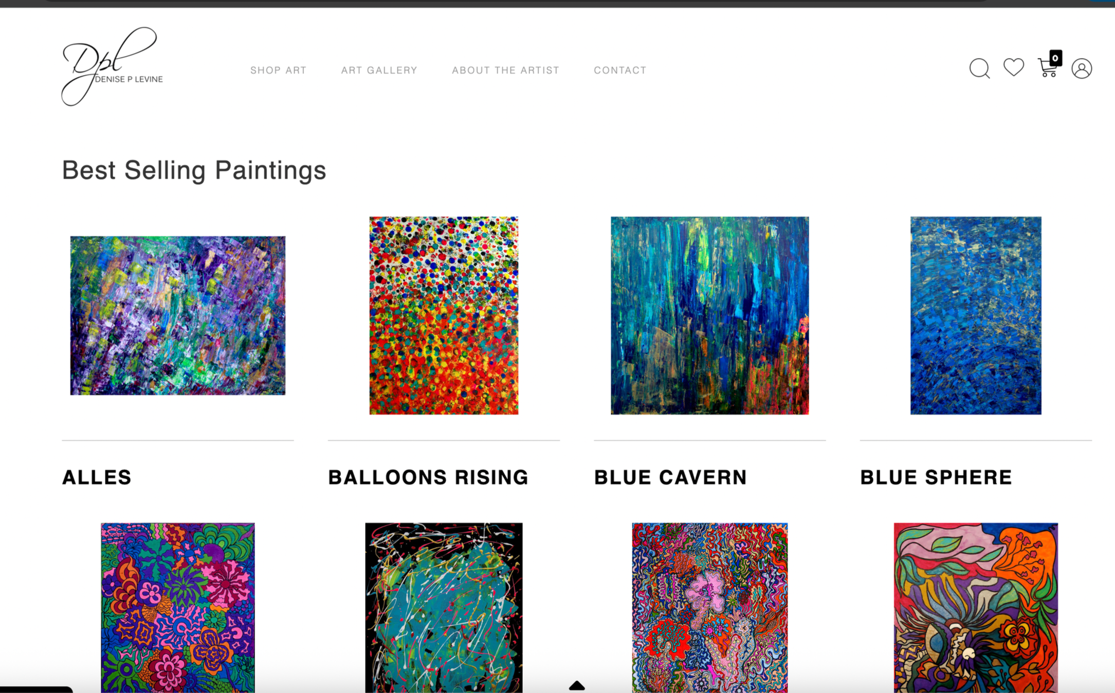 Online art gallery webpage showcasing best-selling paintings, including colorful abstract and floral artworks, with navigation menu and shopping cart icons.