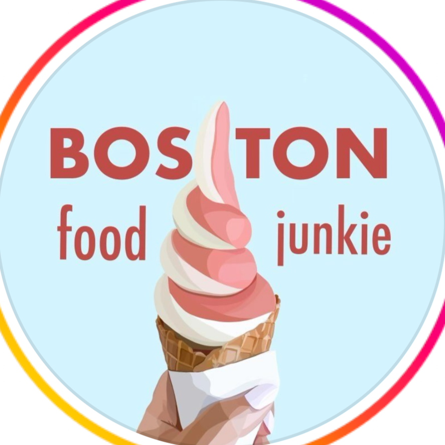 Logo of Boston food junkie featuring a hand holding a swirl soft serve ice cream cone with a colorful border.