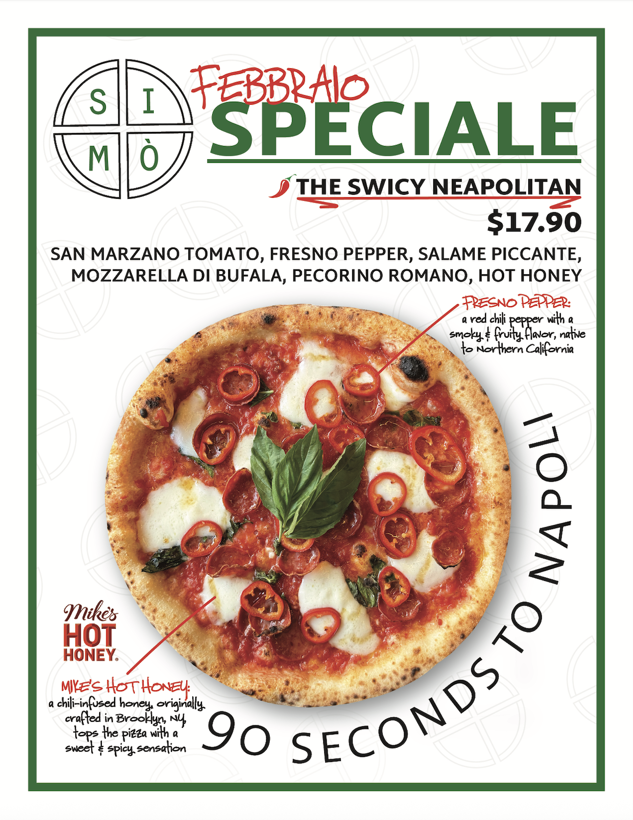 8.5" x 11" in-store countertop flyer advertising the monthly pizza special of February 2025, 'The SWICY Neapolitan'