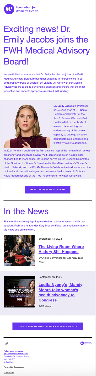 An email newsletter announcing Dr. Emily Jacobs joining the FWH Medical Advisory Board, featuring a photo of Dr. Jacobs, a news section with articles about women’s health, and social media links at the bottom.