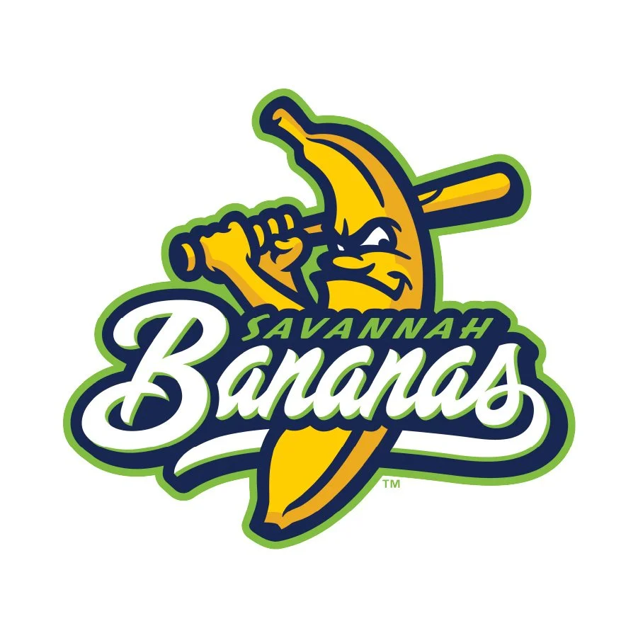 Logo of the Savannah Bananas baseball team featuring a cartoon banana character with a baseball bat, with the team name in stylized text.